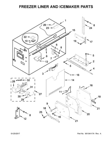 Freezer liner and icemaker parts