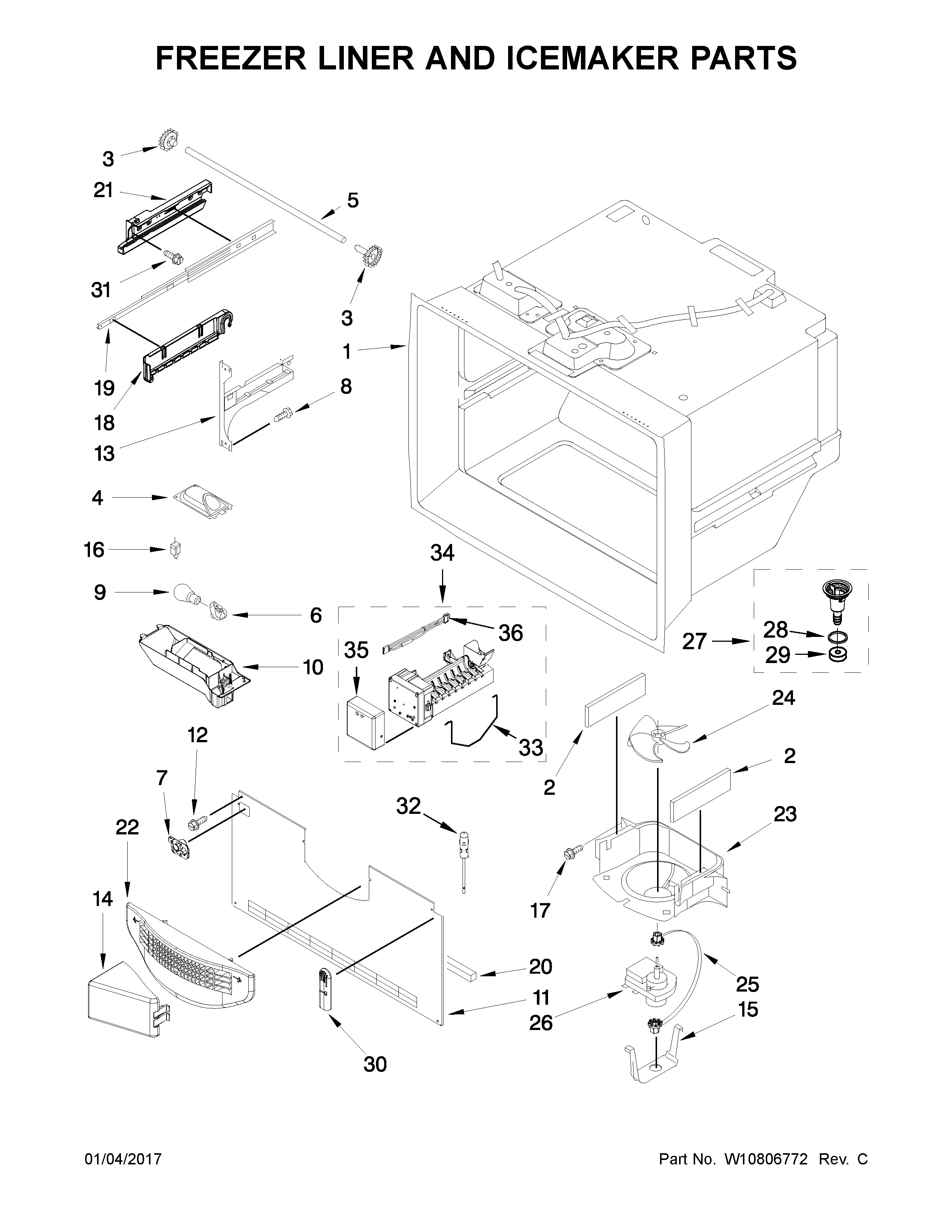 Freezer liner and icemaker parts