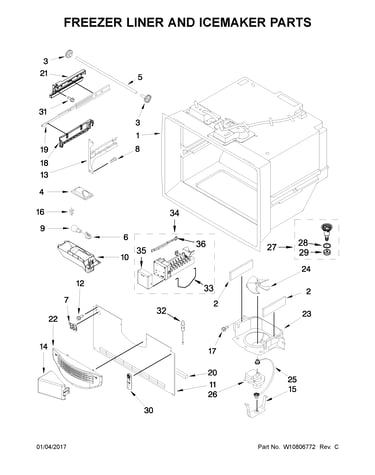 Freezer liner and icemaker parts