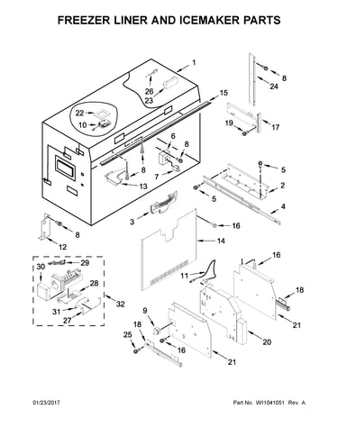 Freezer liner and icemaker parts