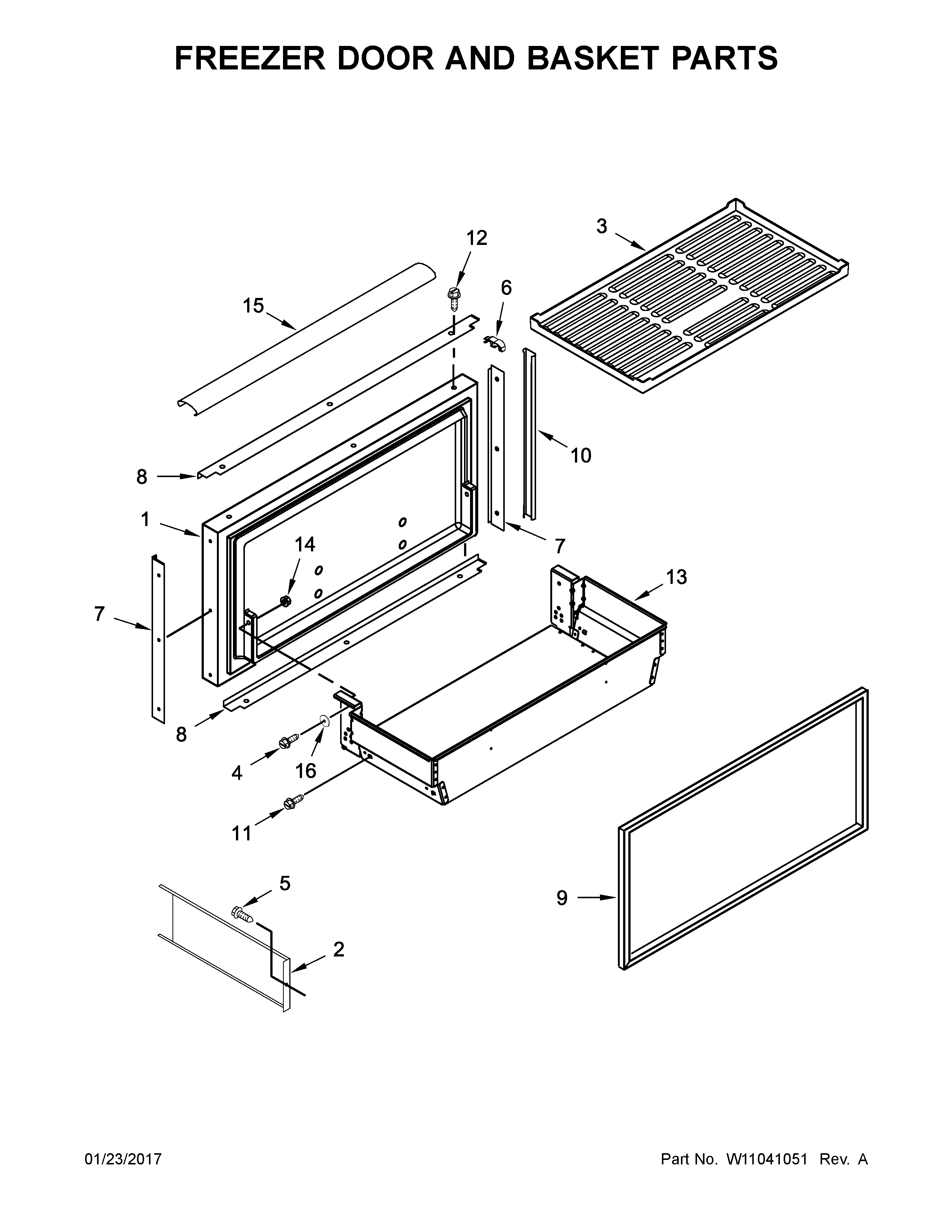 Freezer door and basket parts