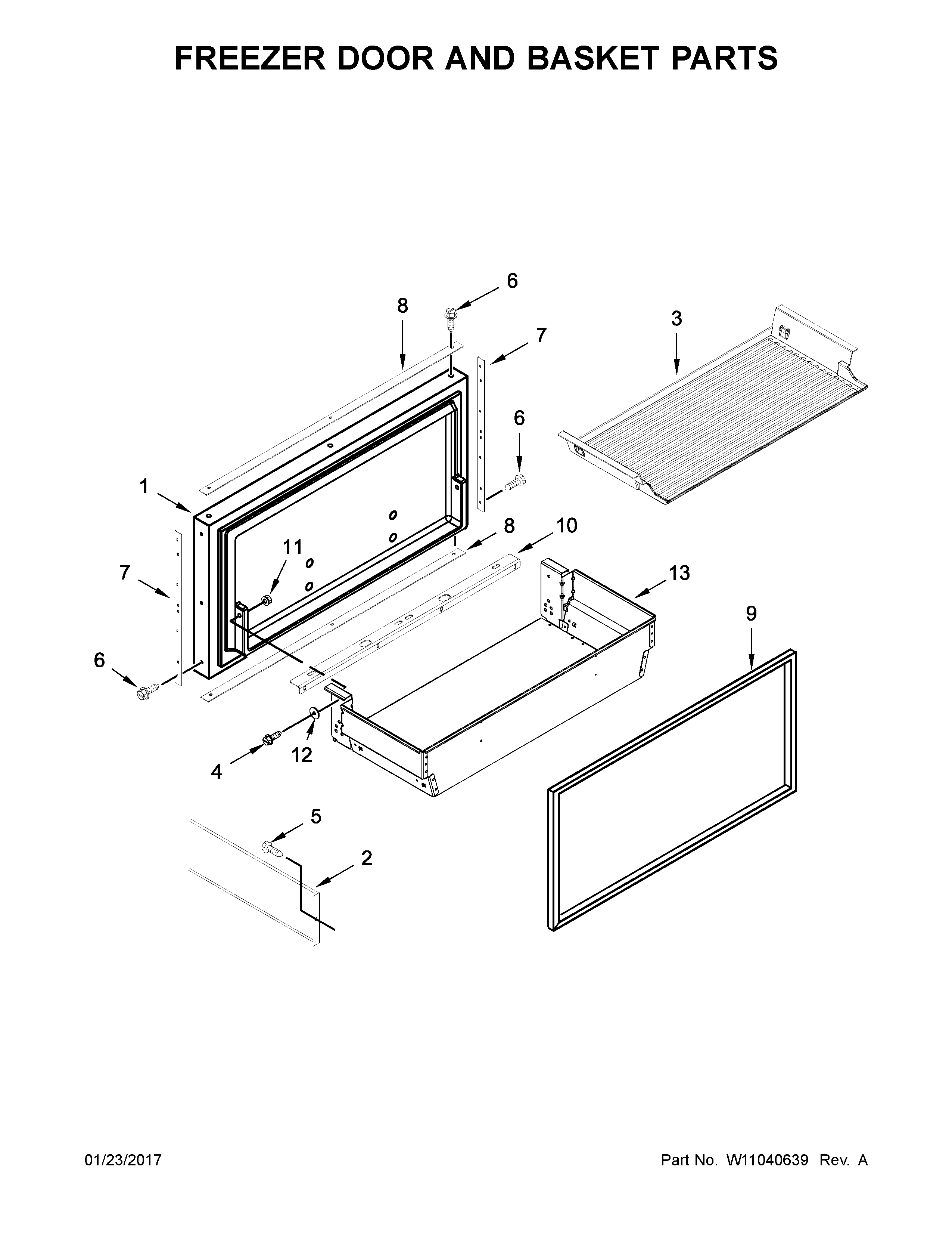 Freezer door and basket parts