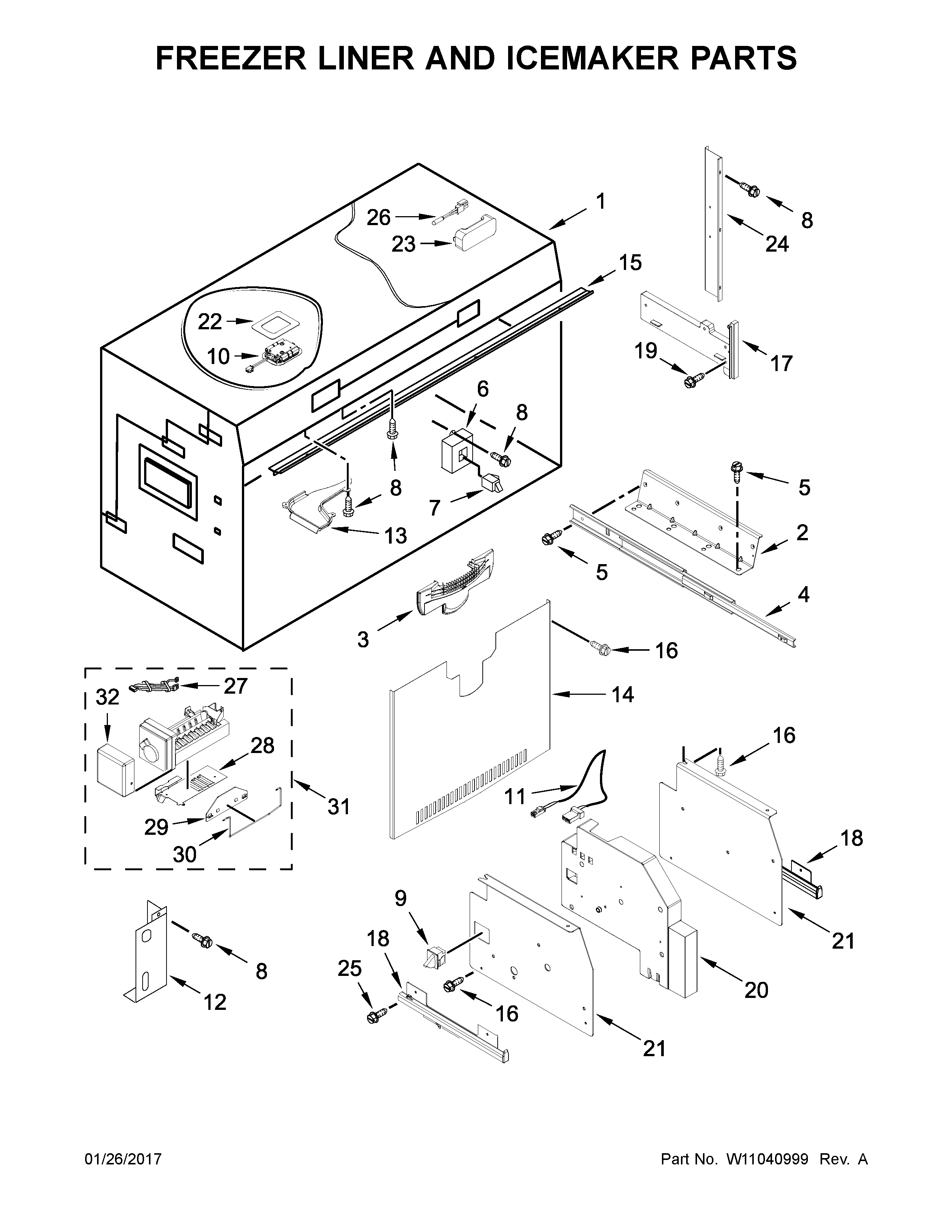 Freezer liner and icemaker parts