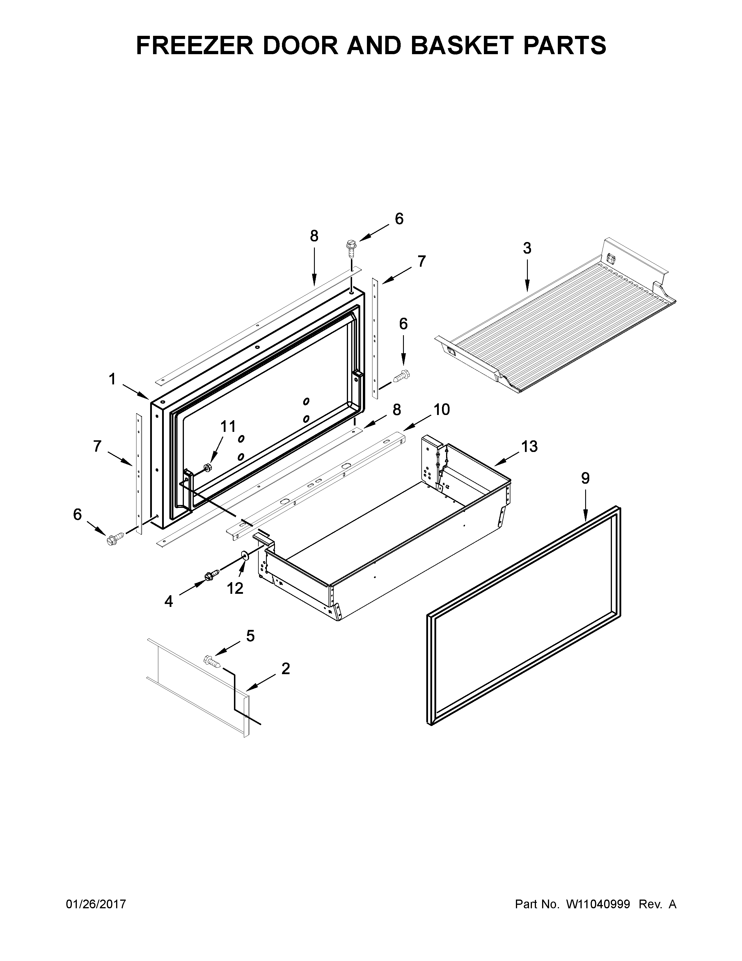 Freezer door and basket parts