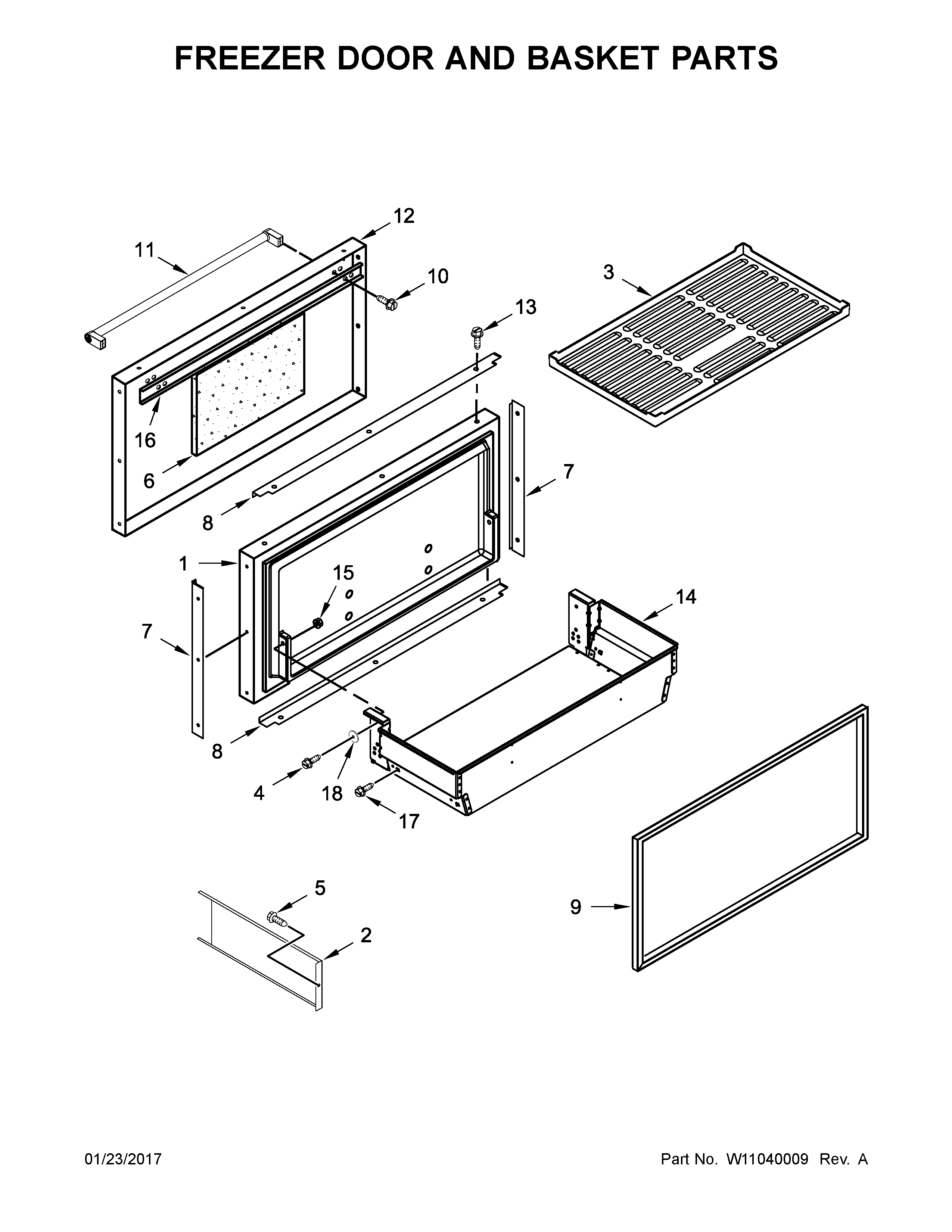 Freezer door and basket parts
