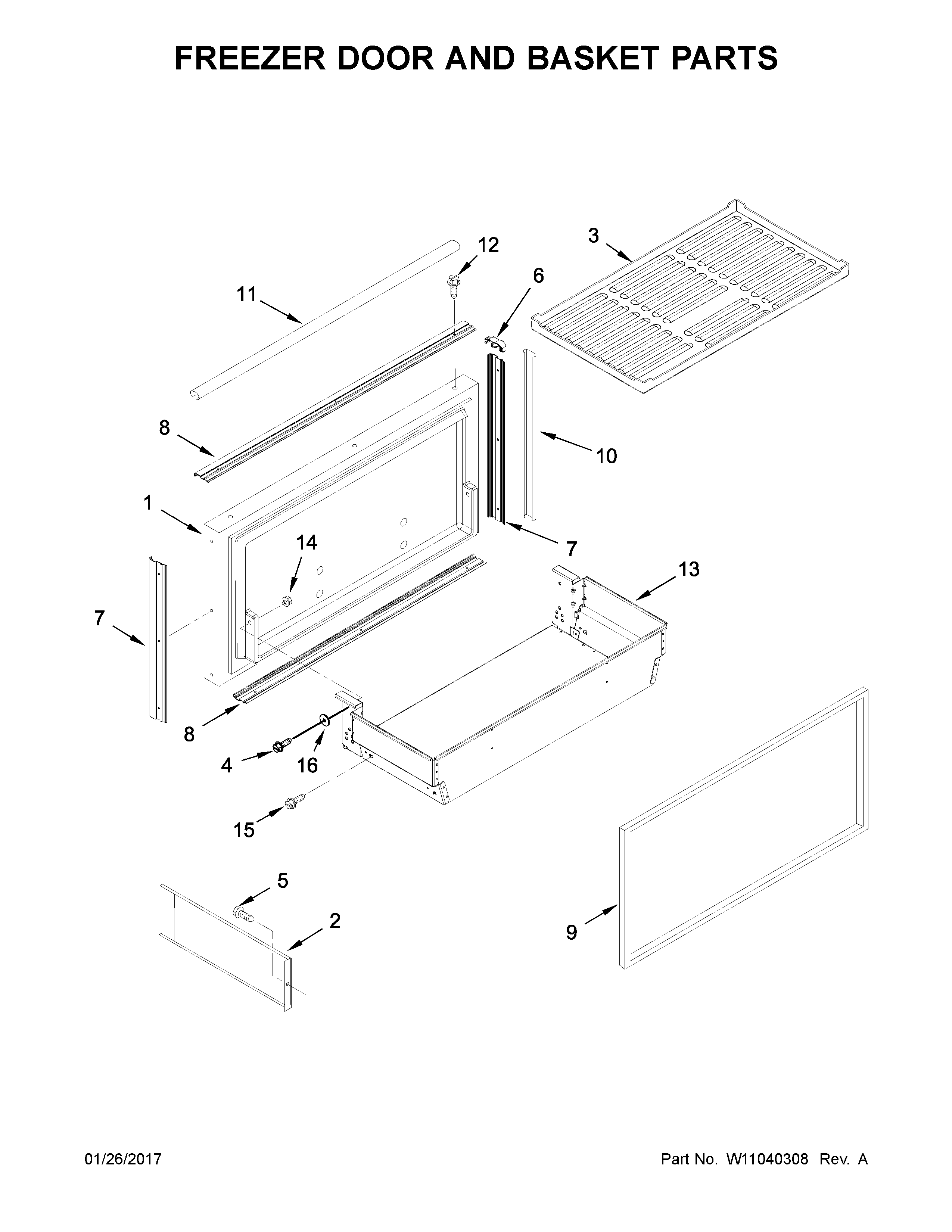 Freezer door and basket parts