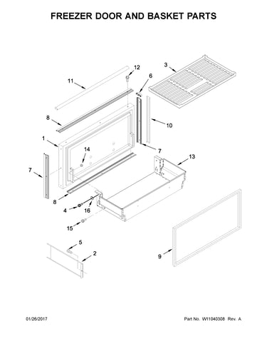 Freezer door and basket parts