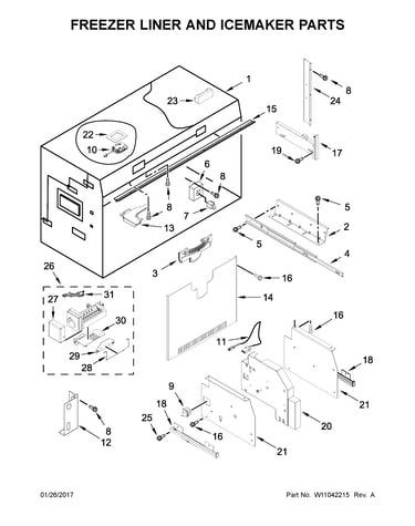 Freezer liner and icemaker parts