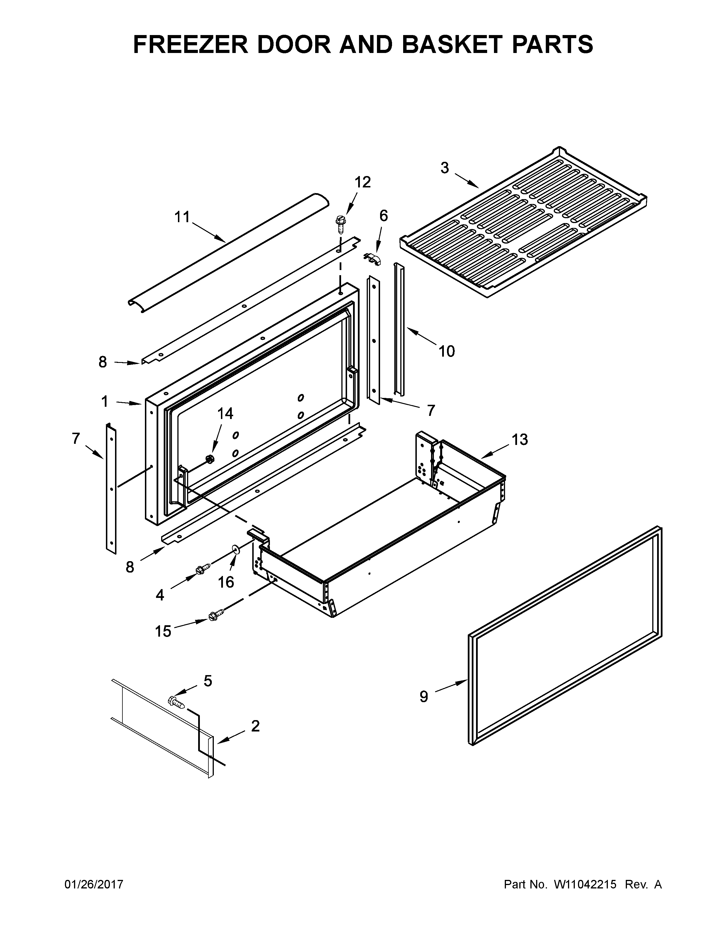 Freezer door and basket parts