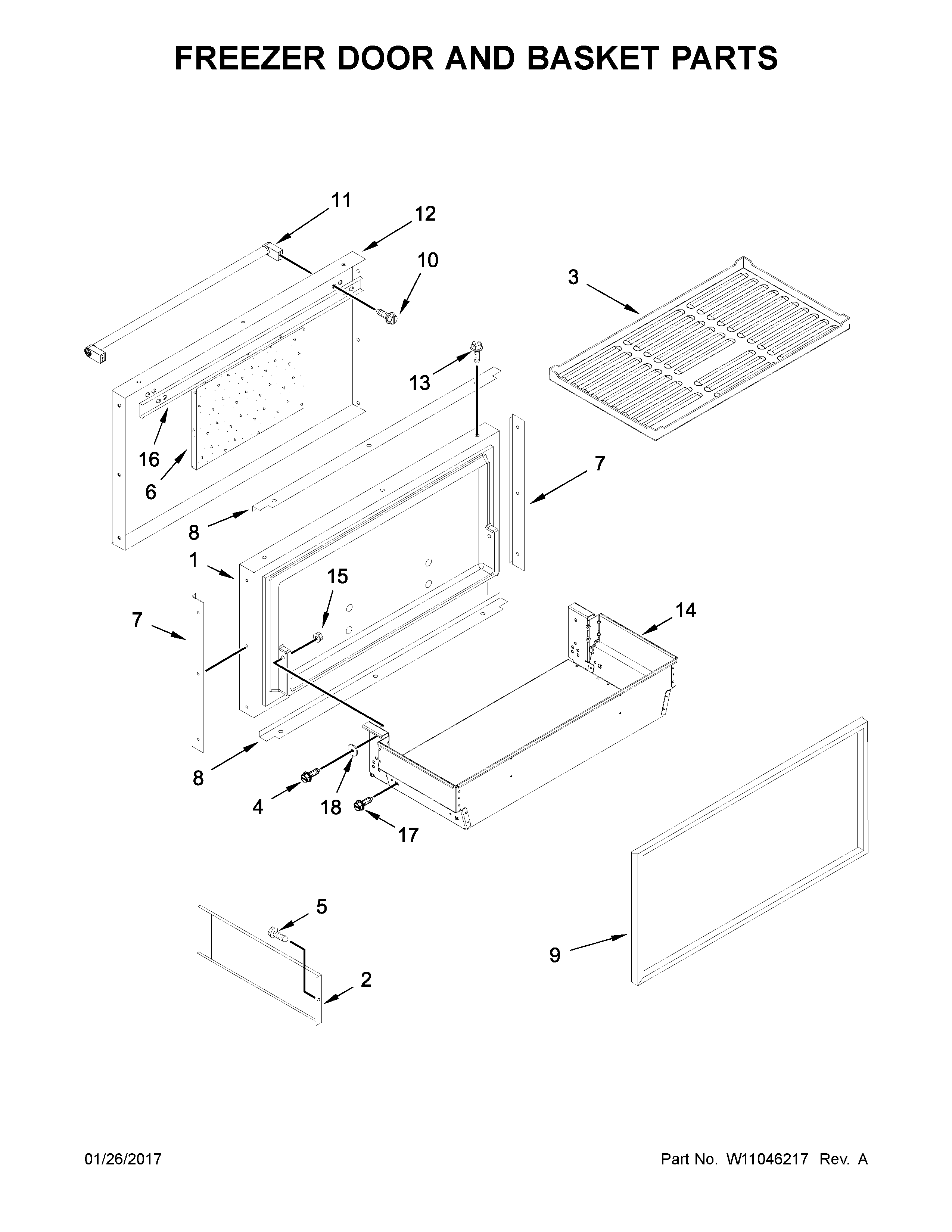 Freezer door and basket parts