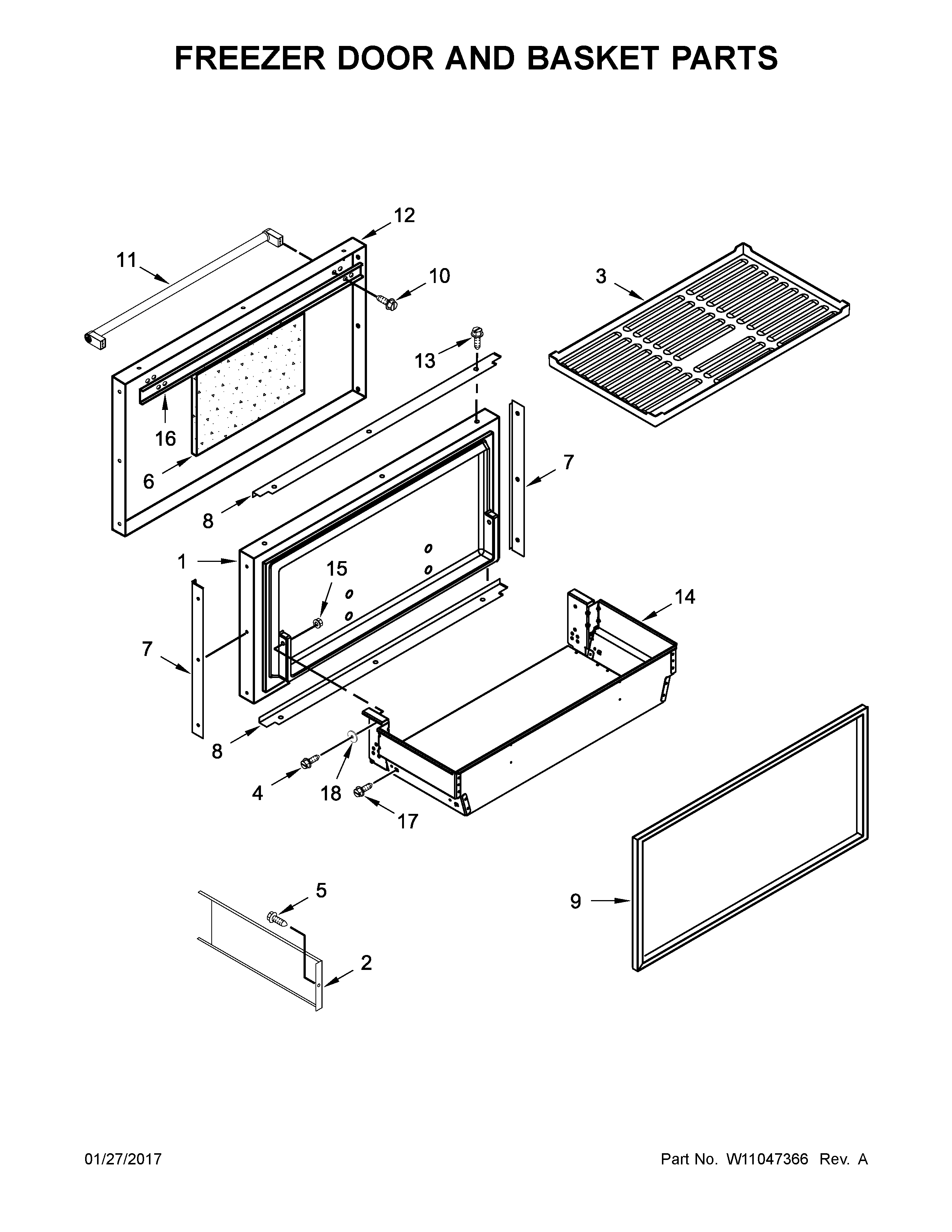 Freezer door and basket parts