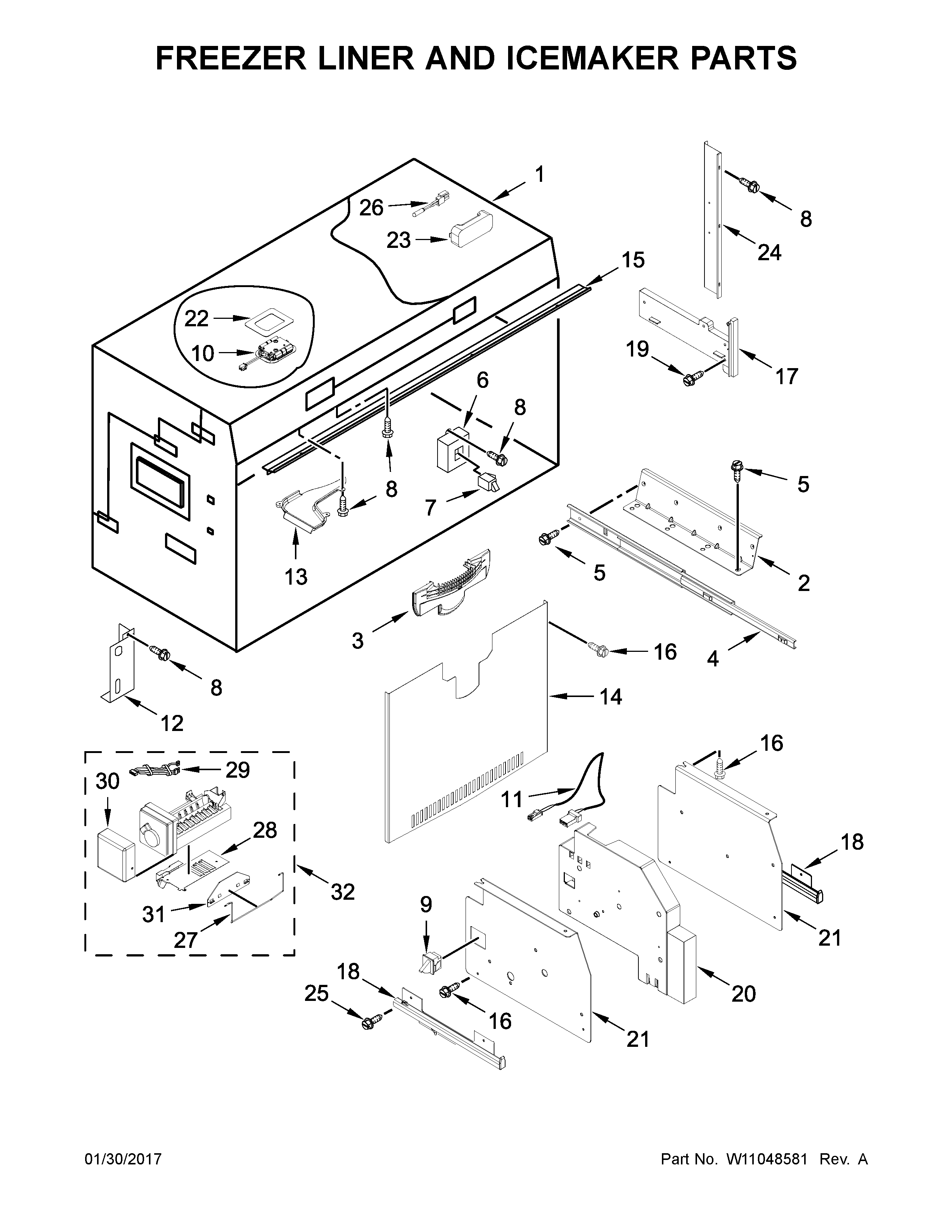 Freezer liner and icemaker parts