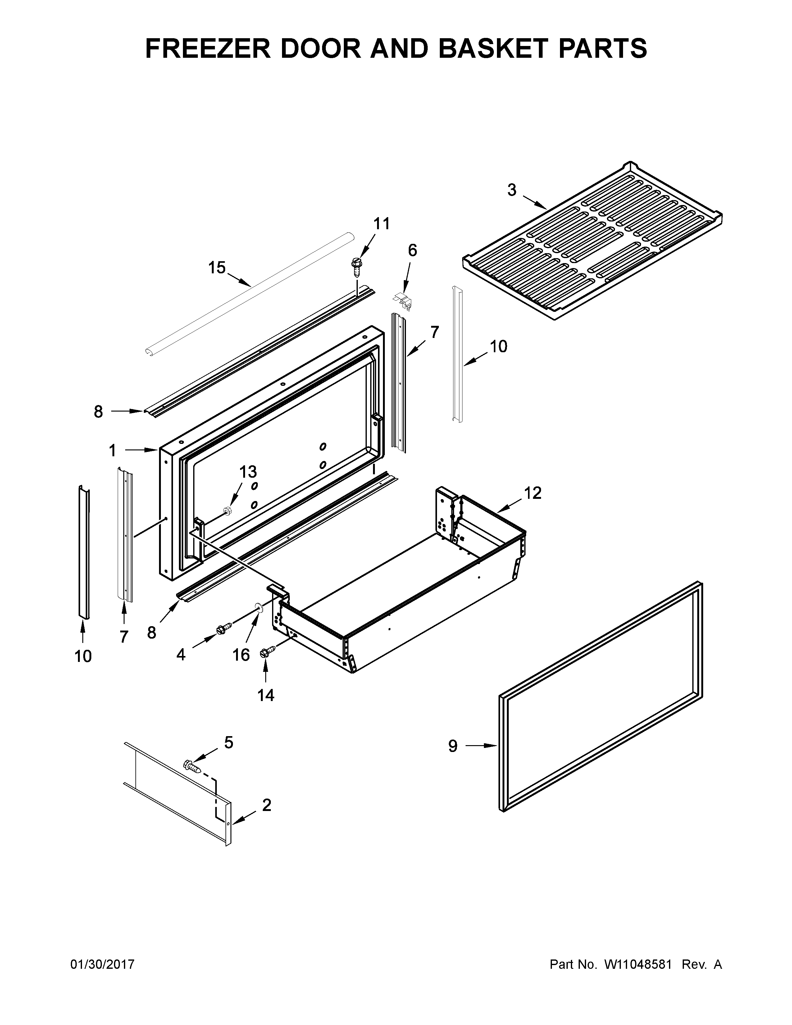 Freezer door and basket parts