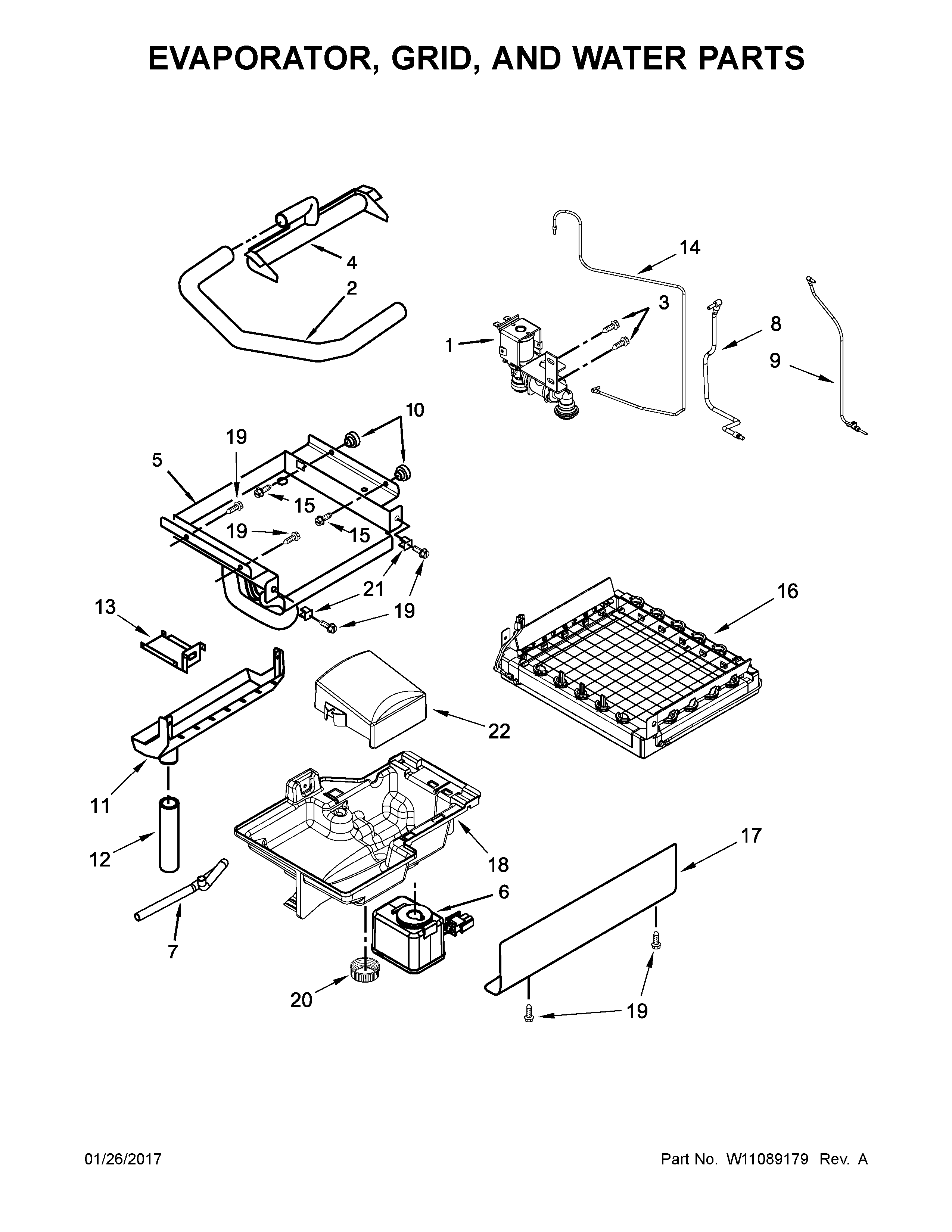 Evaporator, grid, and water parts