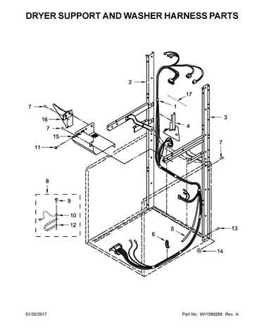 Dryer support and washer harness parts