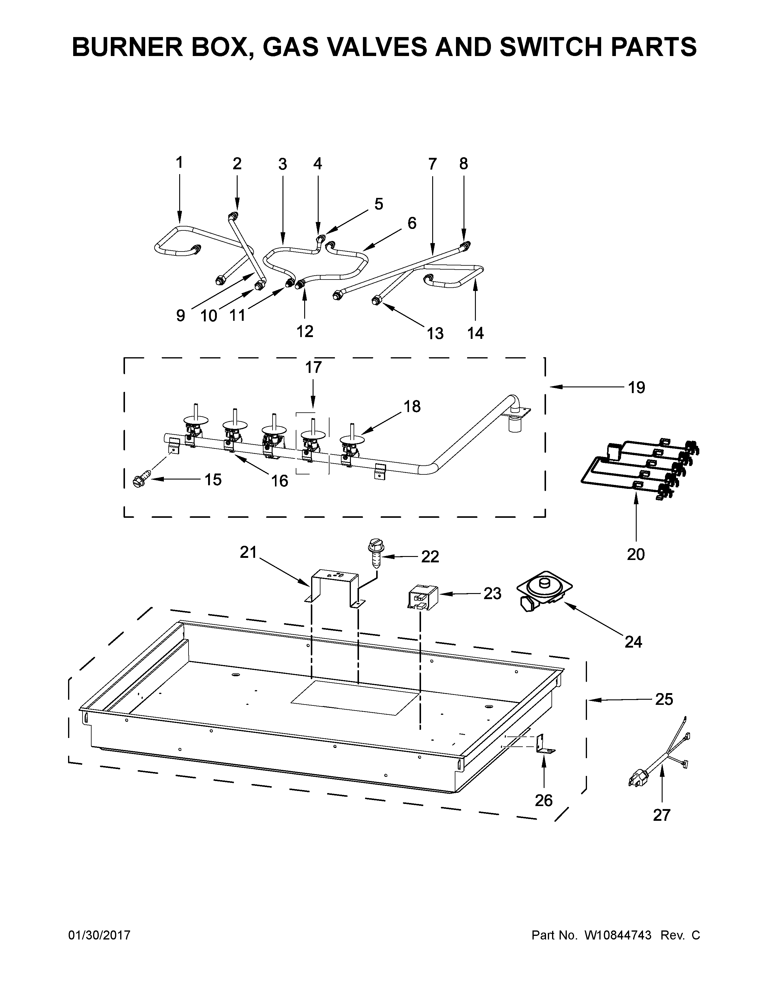 Burner box, gas valves and switch parts