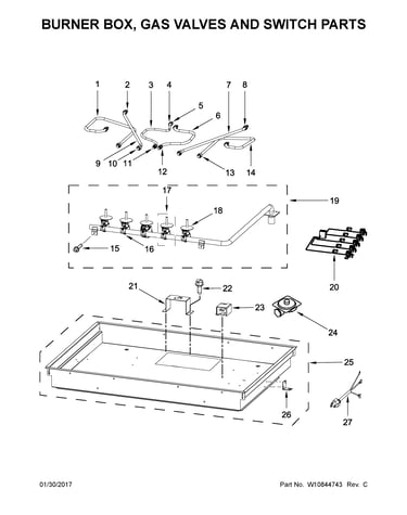 Burner box, gas valves and switch parts