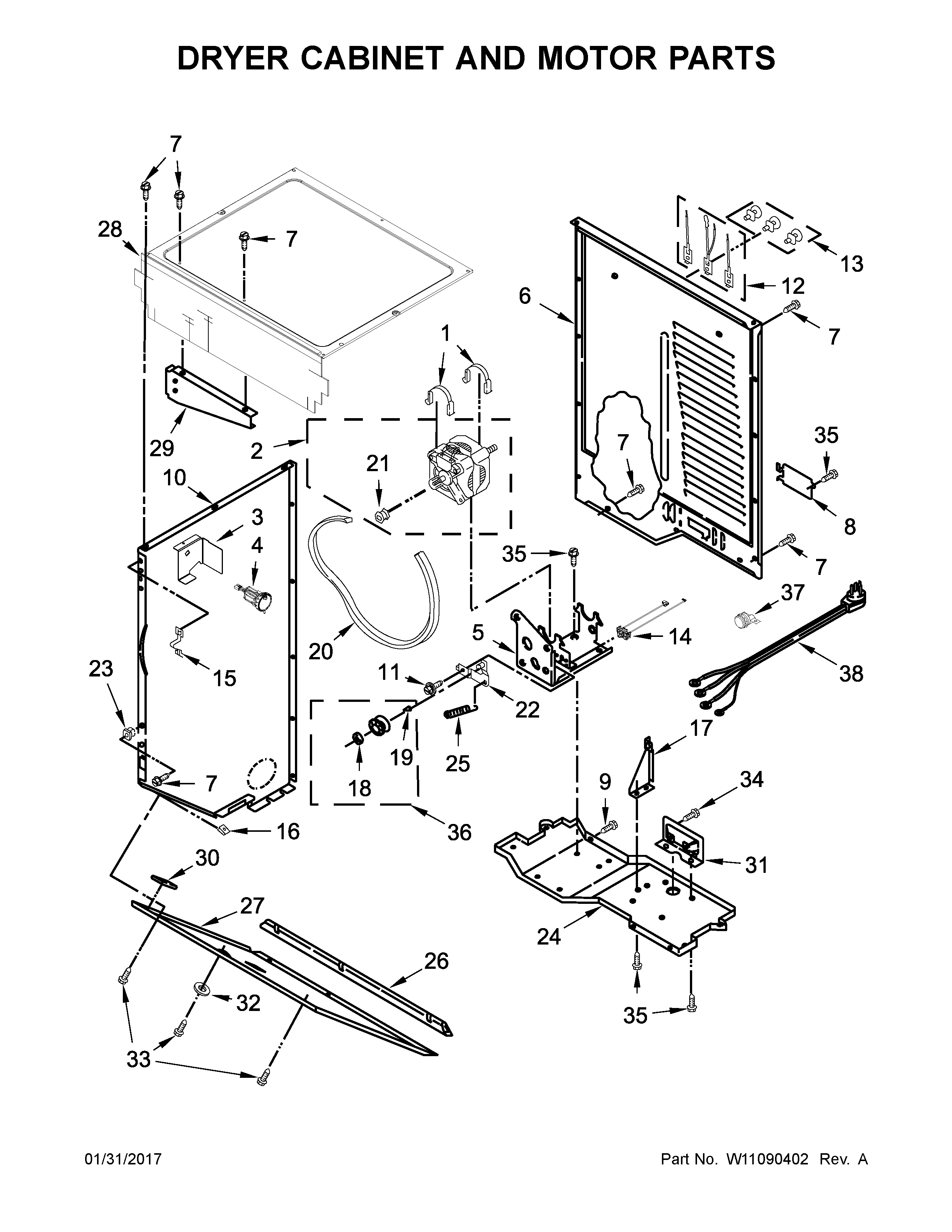 Dryer cabinet and motor parts