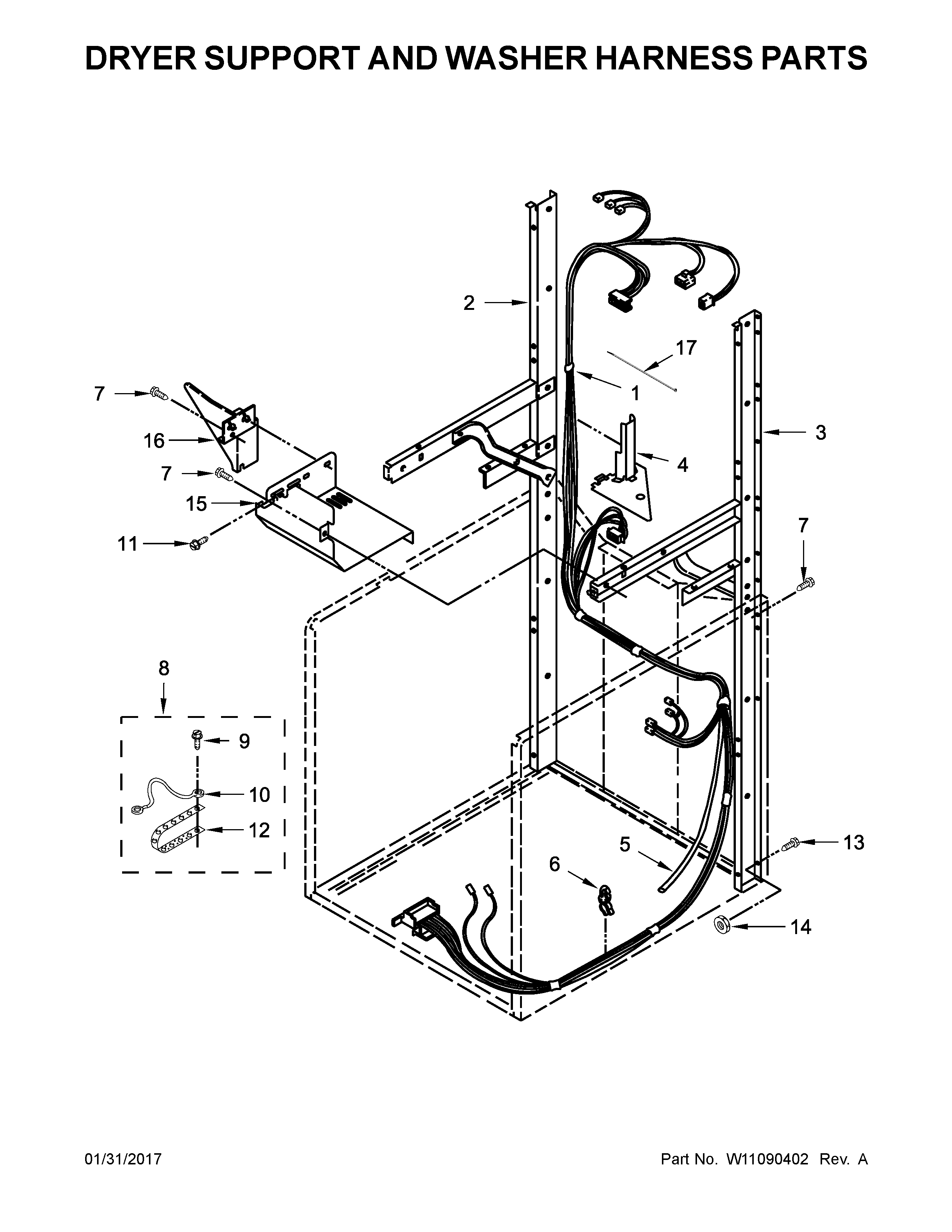 Dryer support and washer harness parts