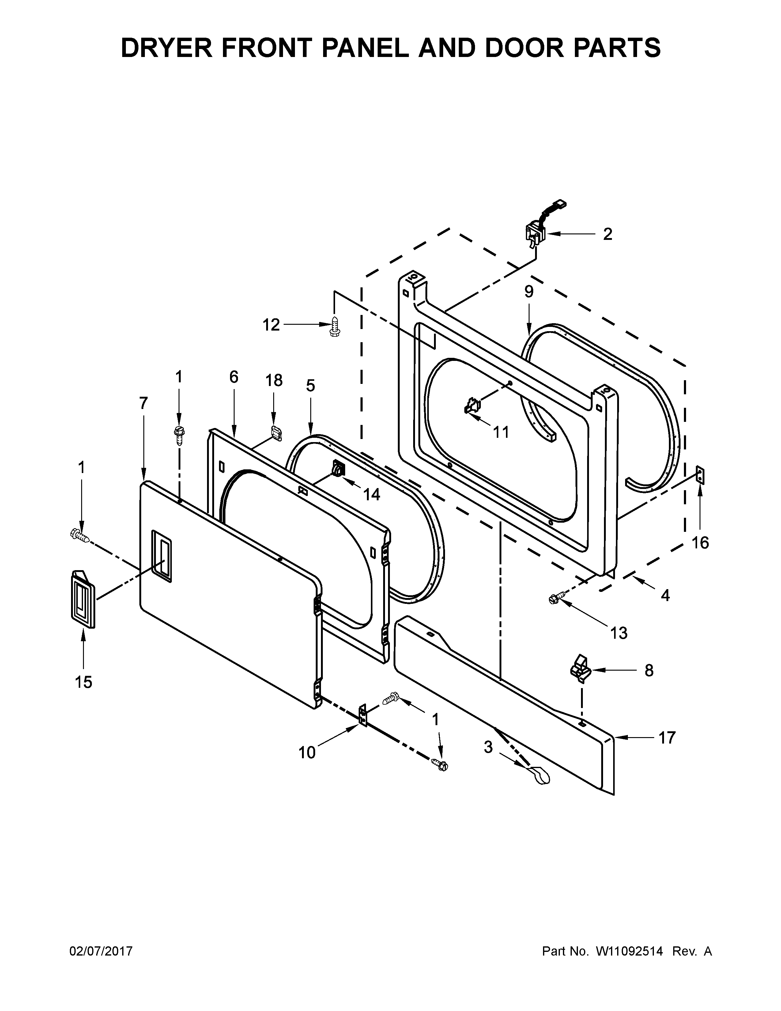 Dryer front panel and door parts
