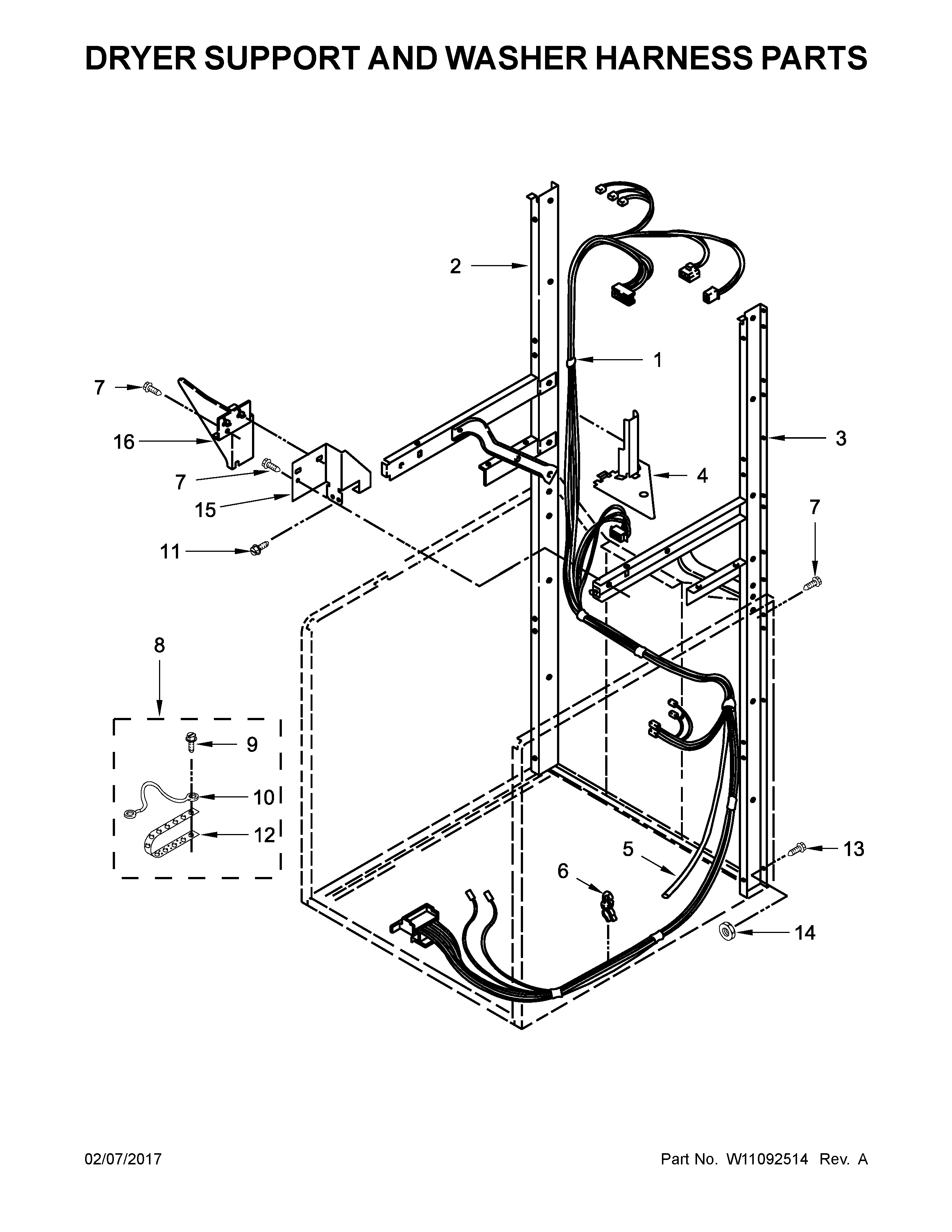 Dryer support and washer harness parts