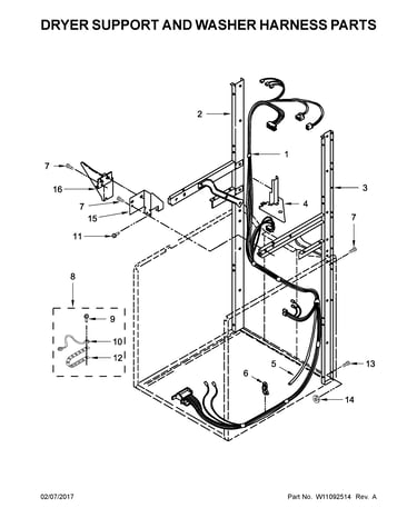 Dryer support and washer harness parts