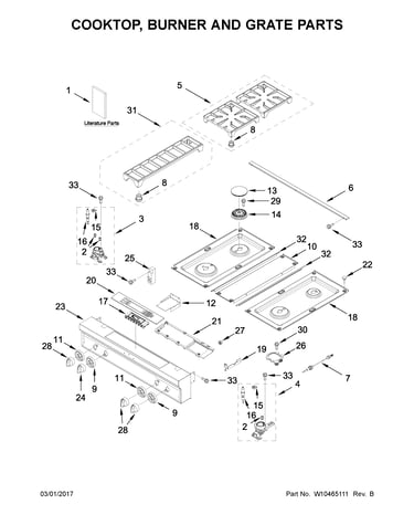Cooktop, burner and grate parts