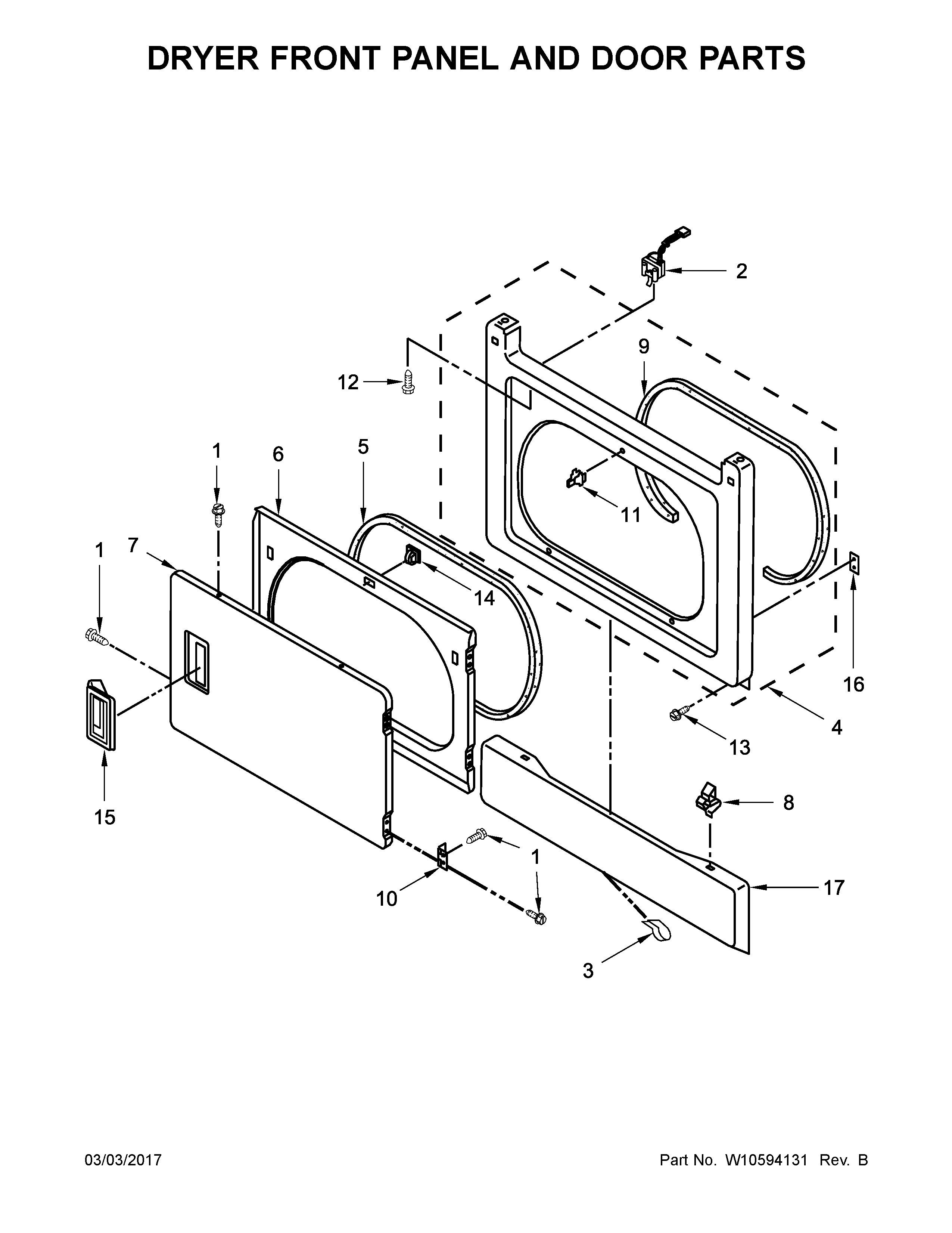 Dryer front panel and door parts