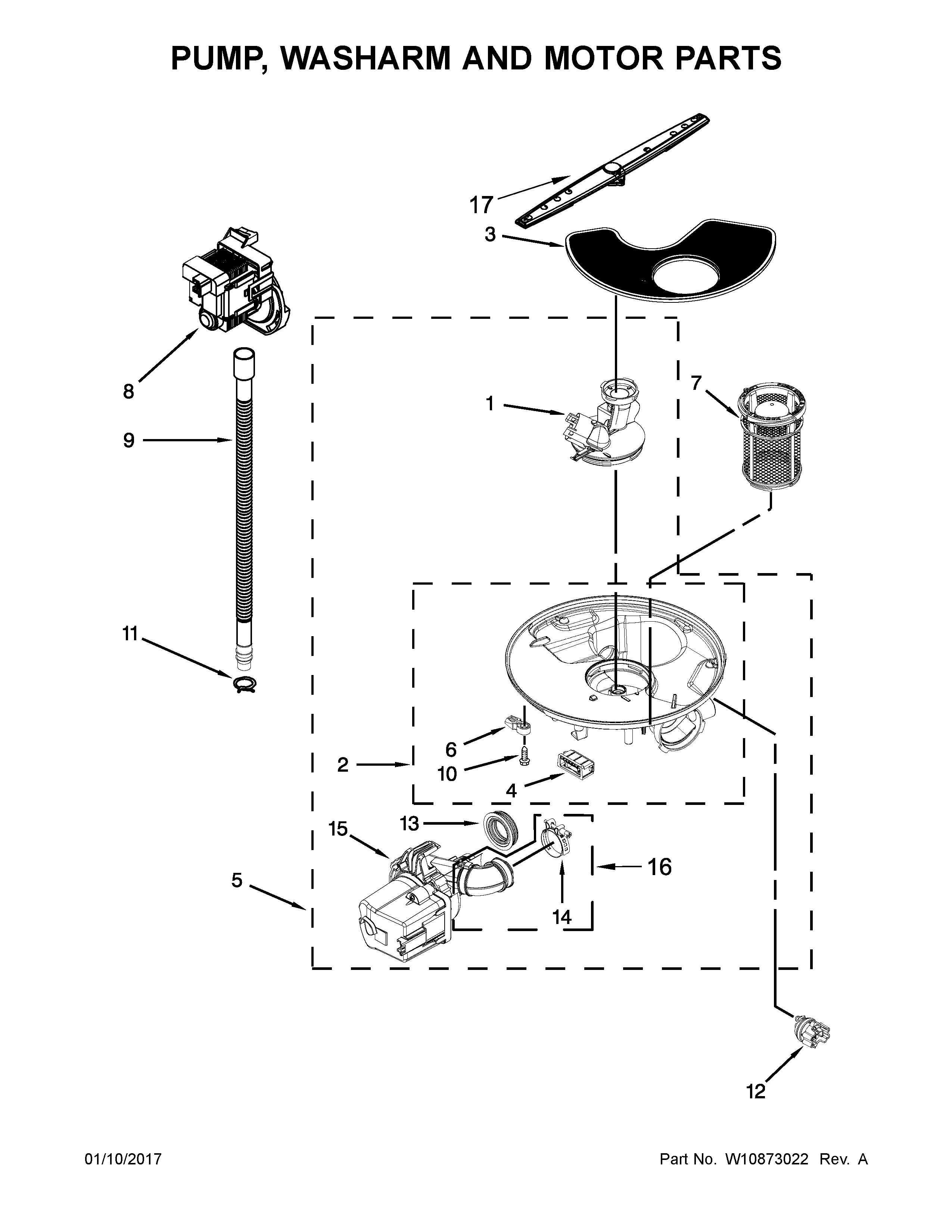 Pump, washarm and motor parts
