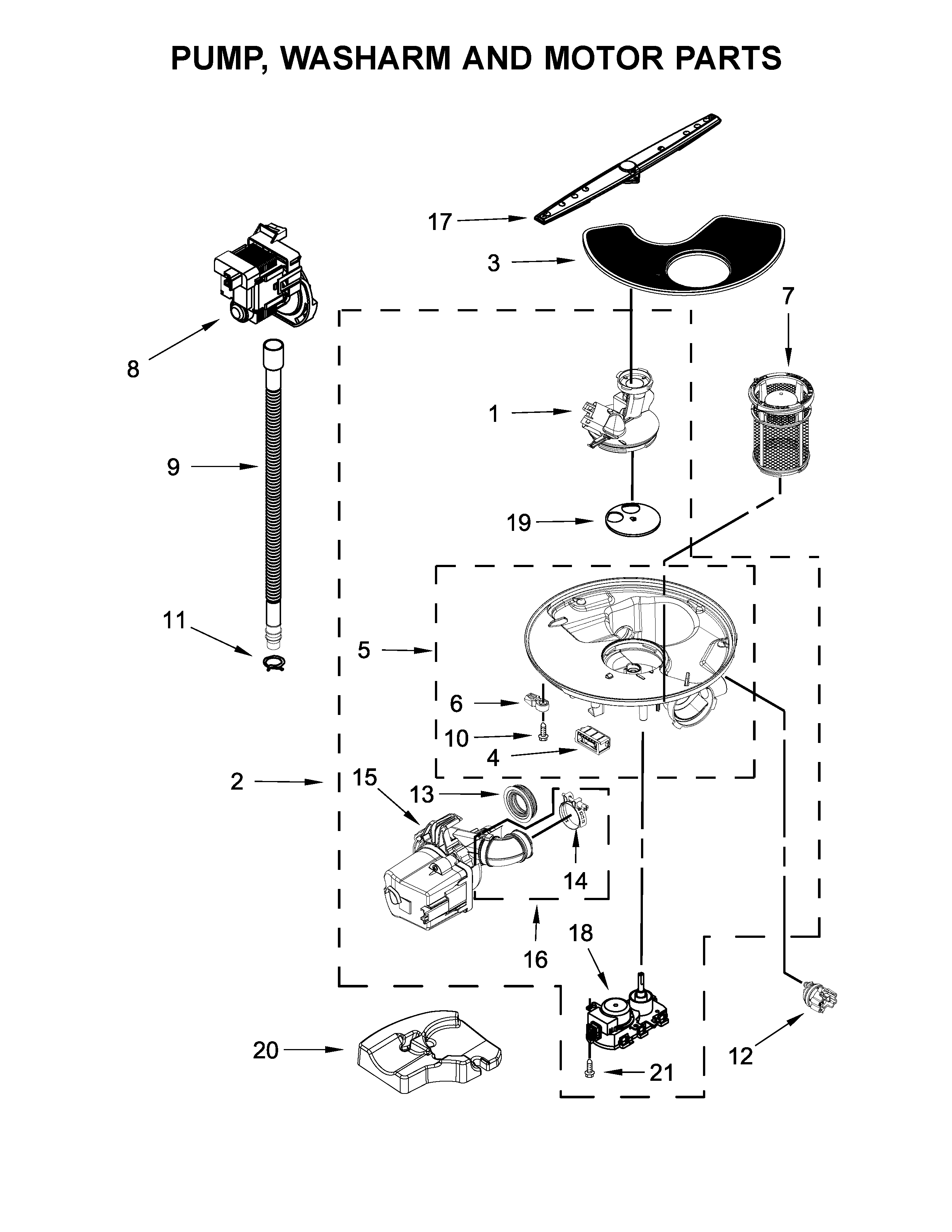 Pump, washarm and motor parts