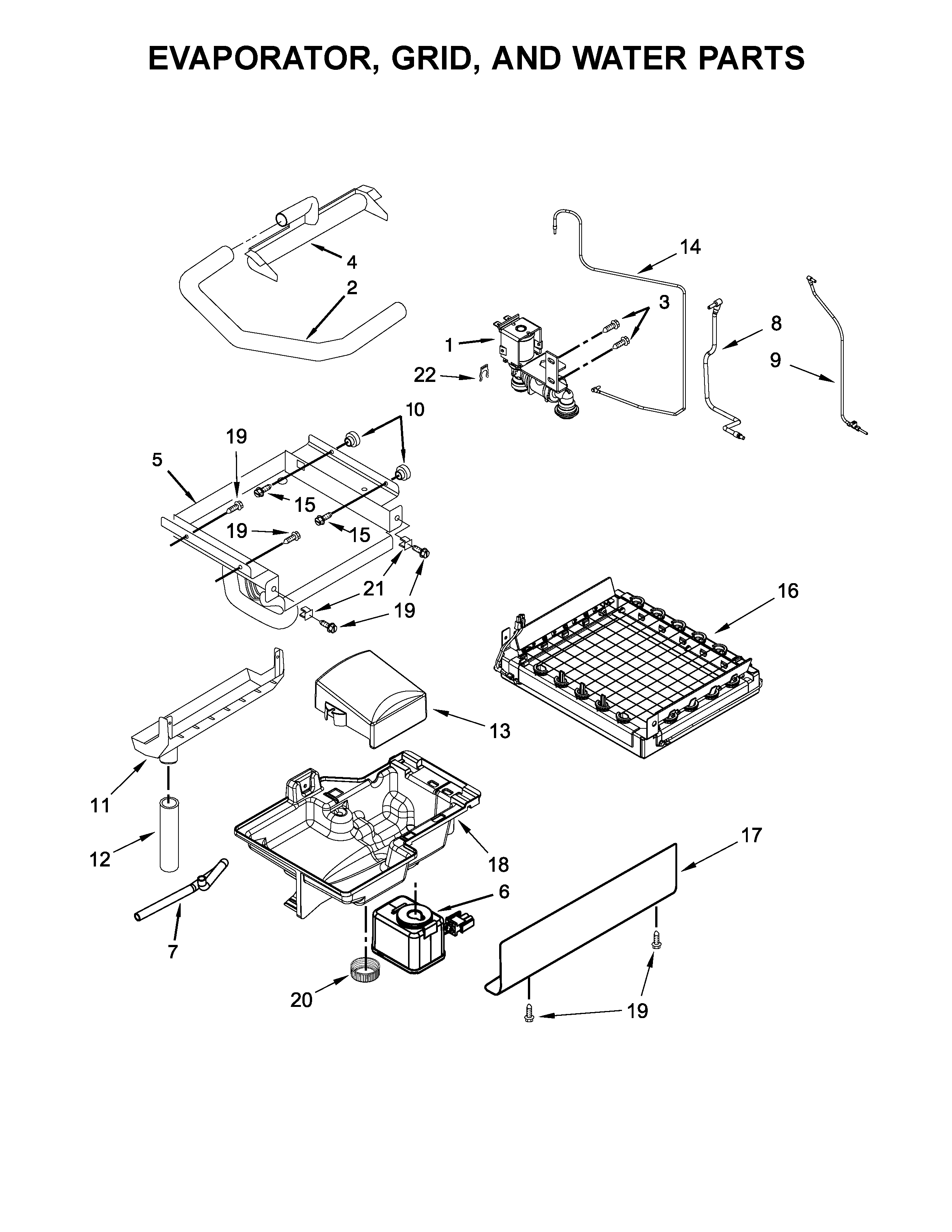 Evaporator, grid, and water parts