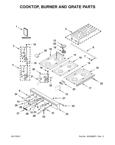 Cooktop, burner and grate parts