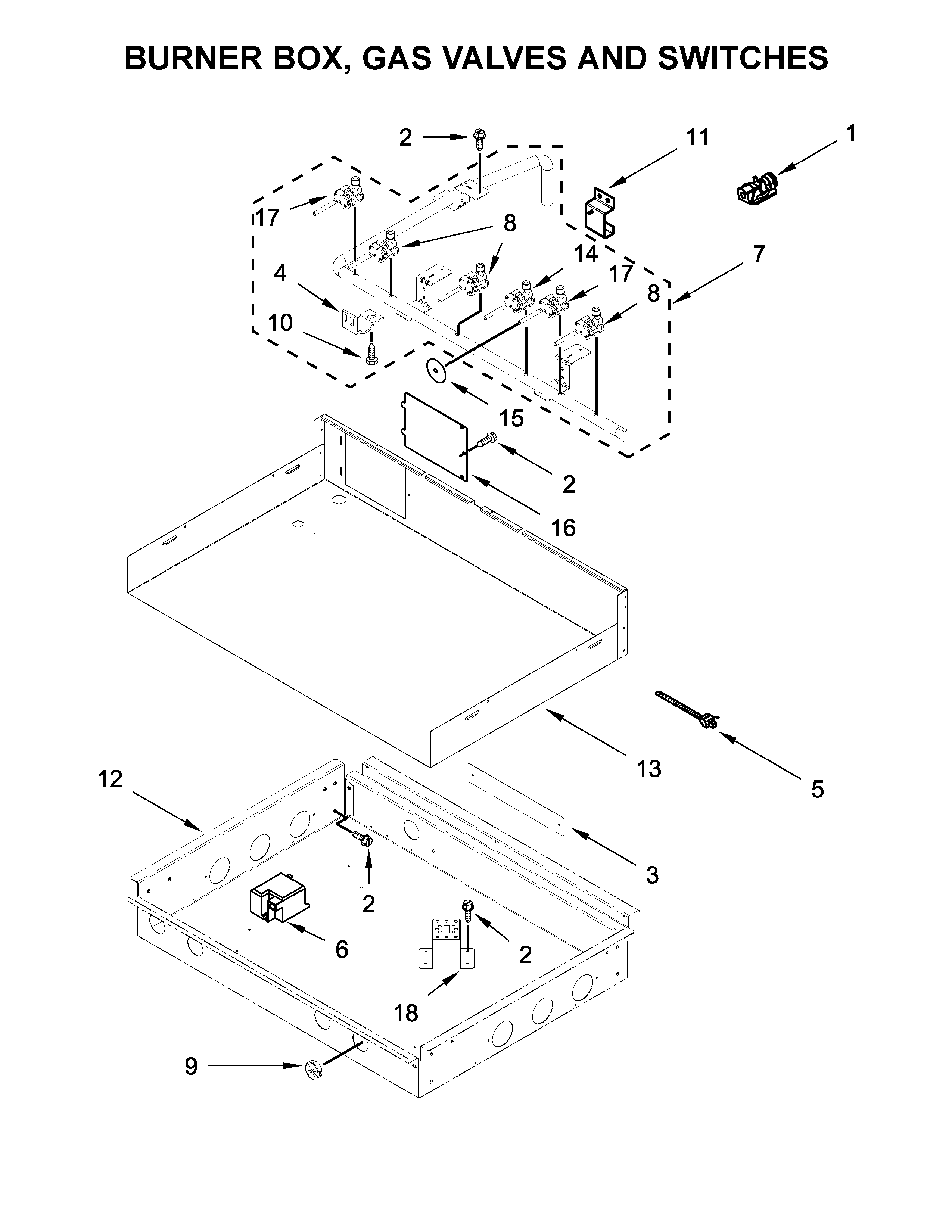 BURNER BOX, GAS VALVES AND SWITCHES