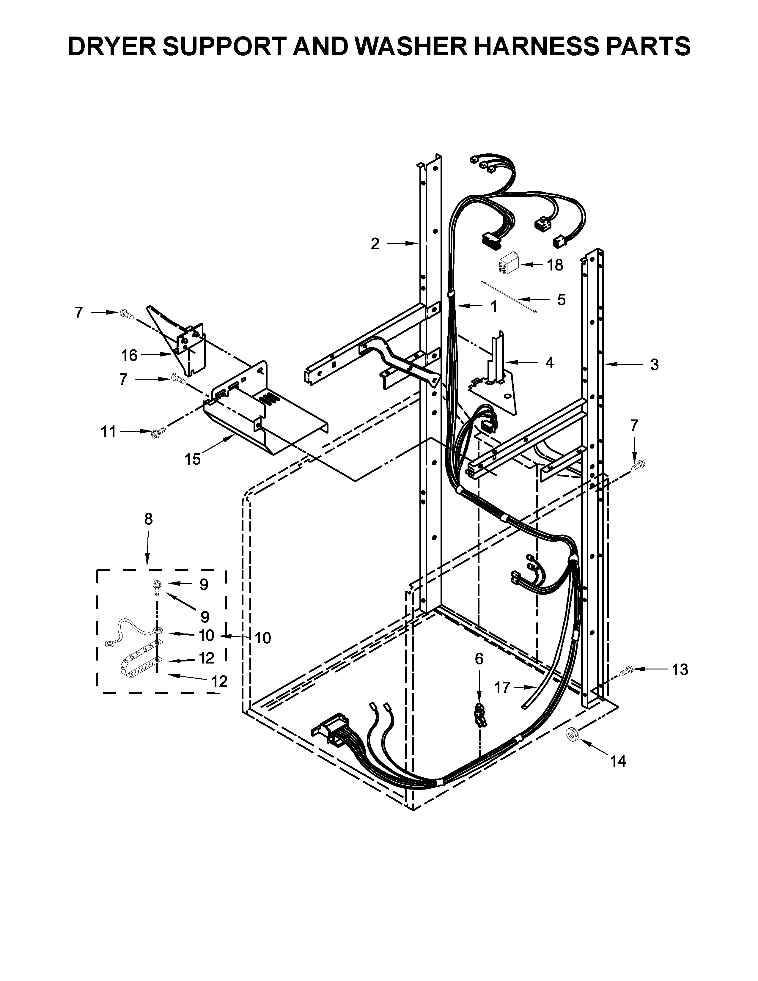 Dryer support and washer harness parts