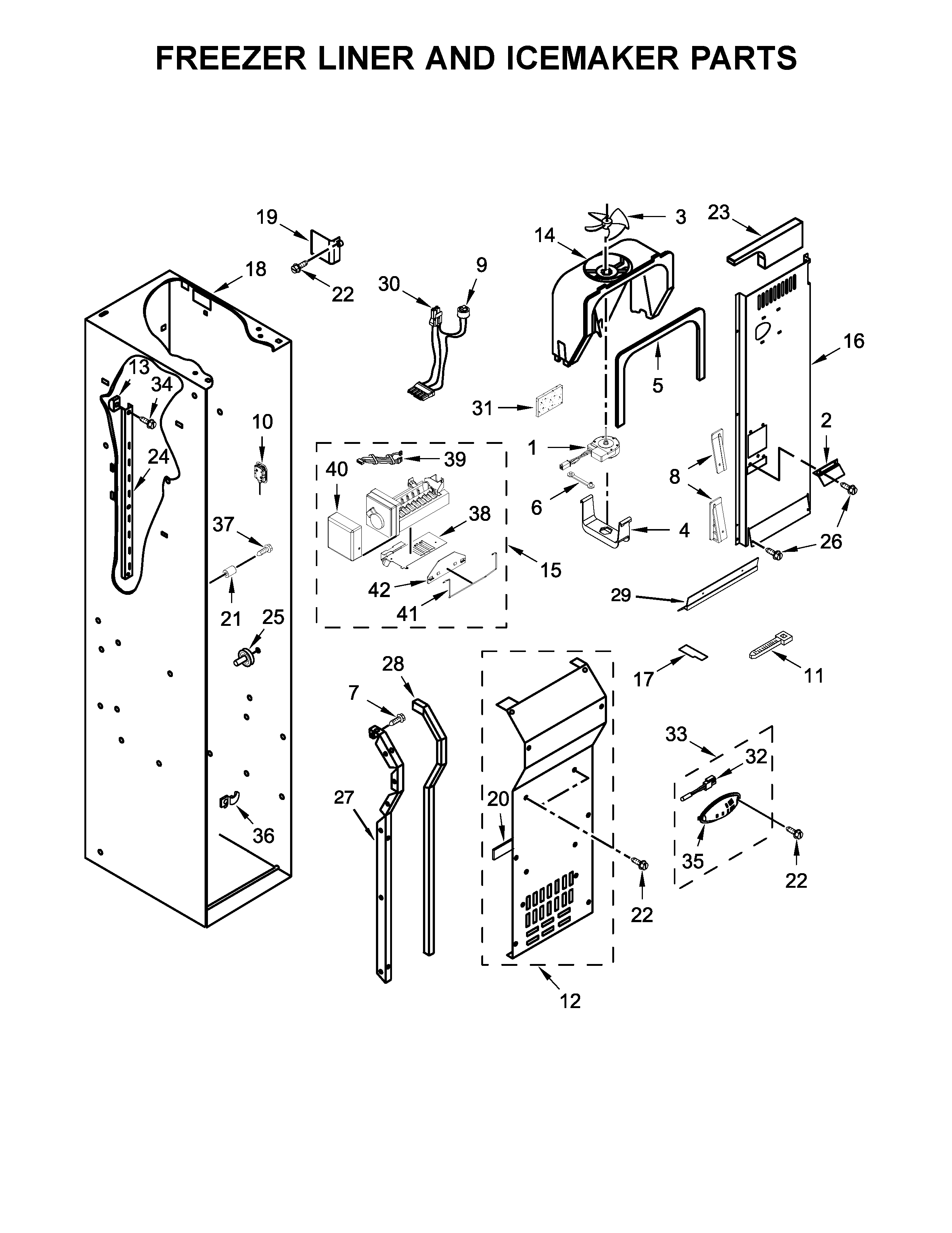 Freezer liner and icemaker parts