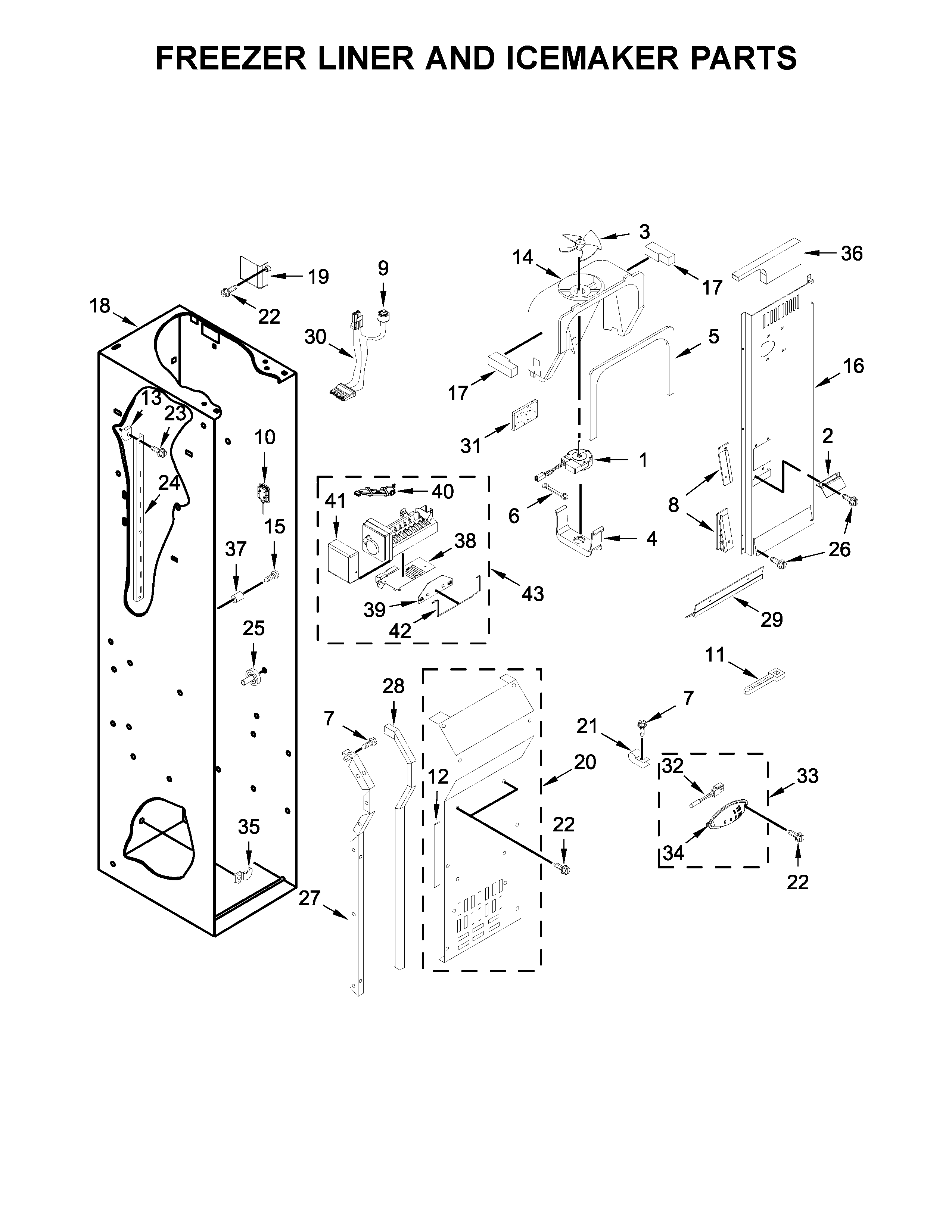 Freezer liner and icemaker parts