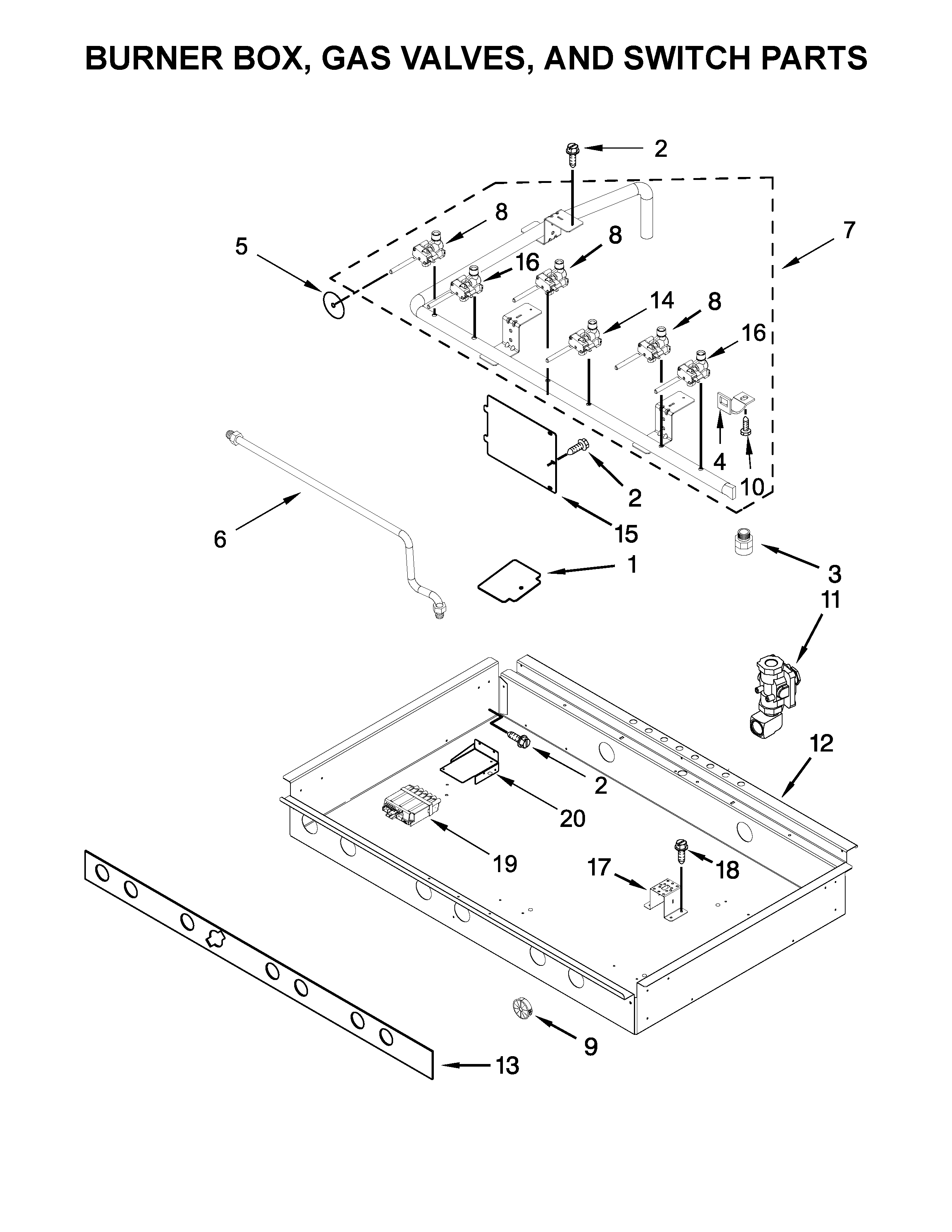 BURNER BOX, GAS VALVES, AND SWITCH PARTS