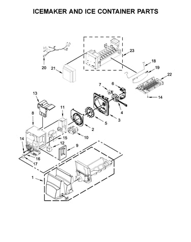 Icemaker and ice container parts
