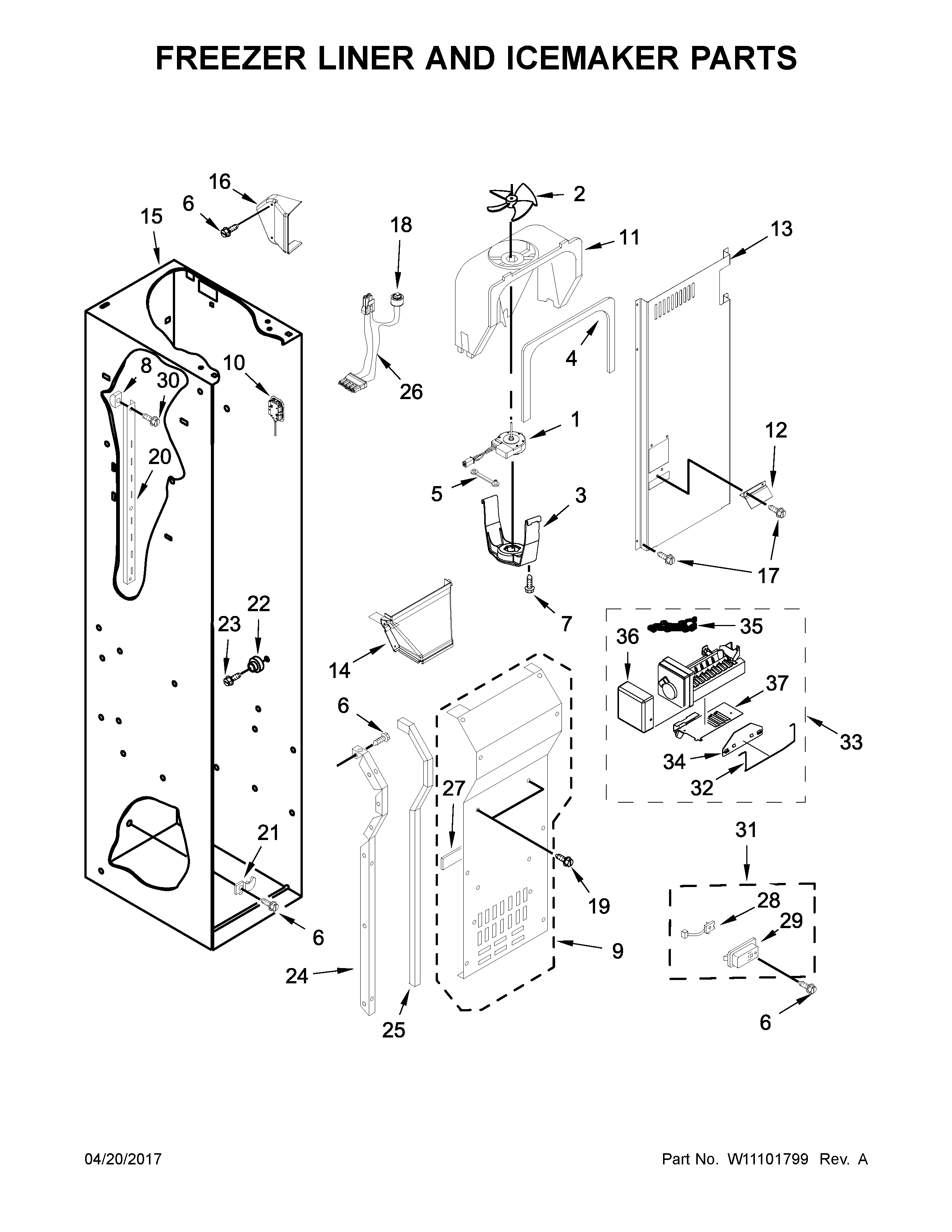 Freezer liner and icemaker parts