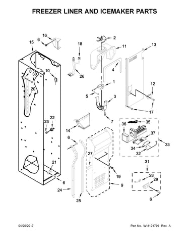 Freezer liner and icemaker parts