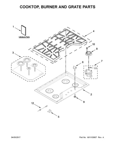 Cooktop, burner and grate parts