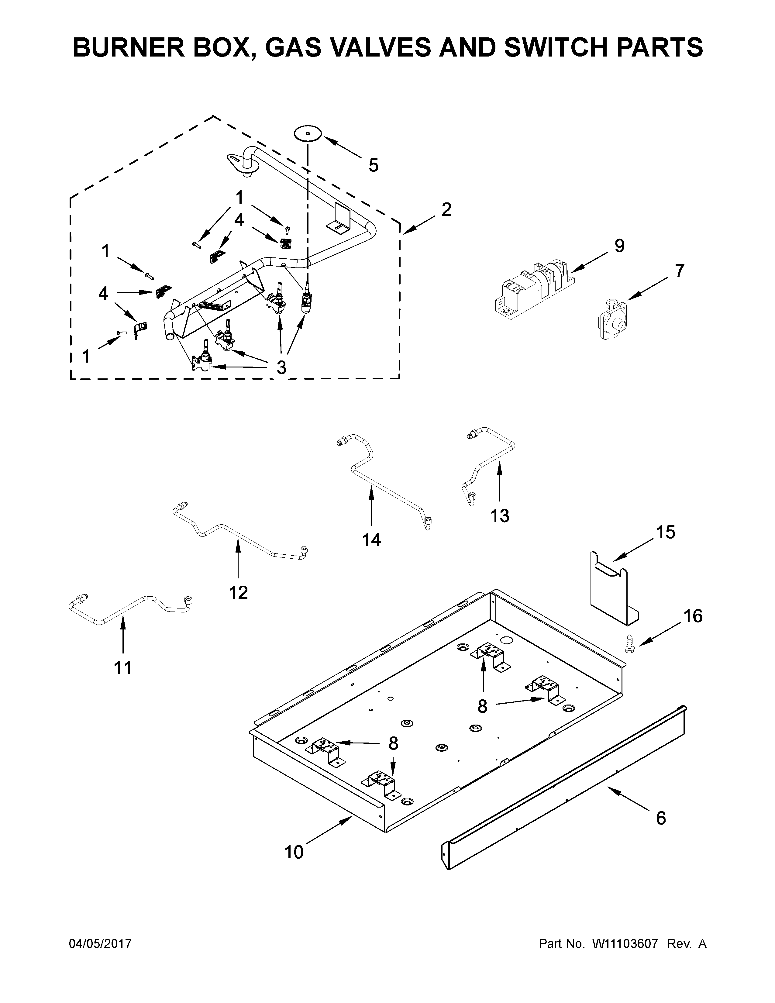 BURNER BOX, GAS VALVES AND SWITCH PARTS