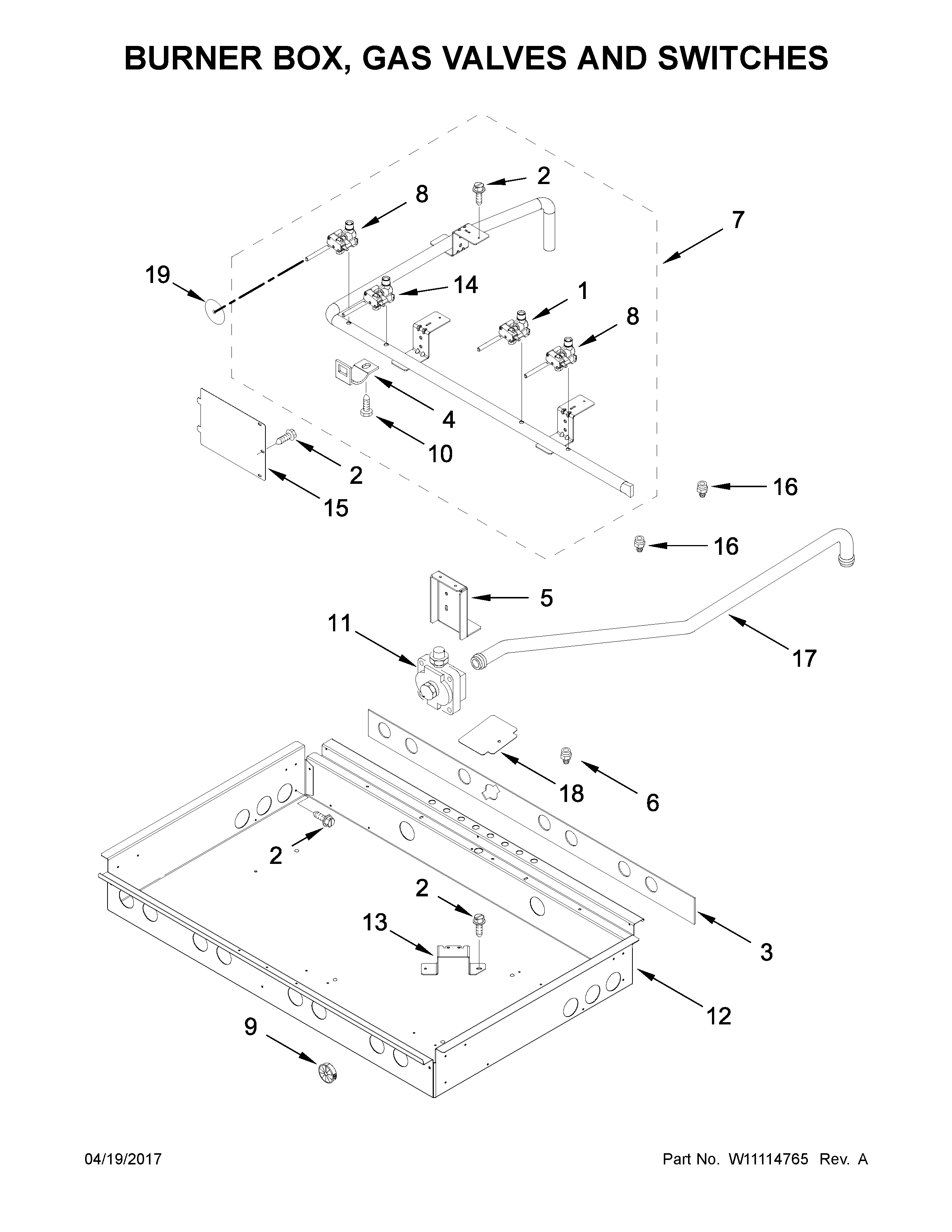 Burner box, gas valves and switches