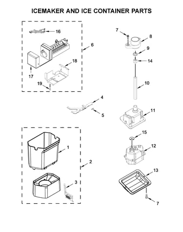 Icemaker and ice container parts