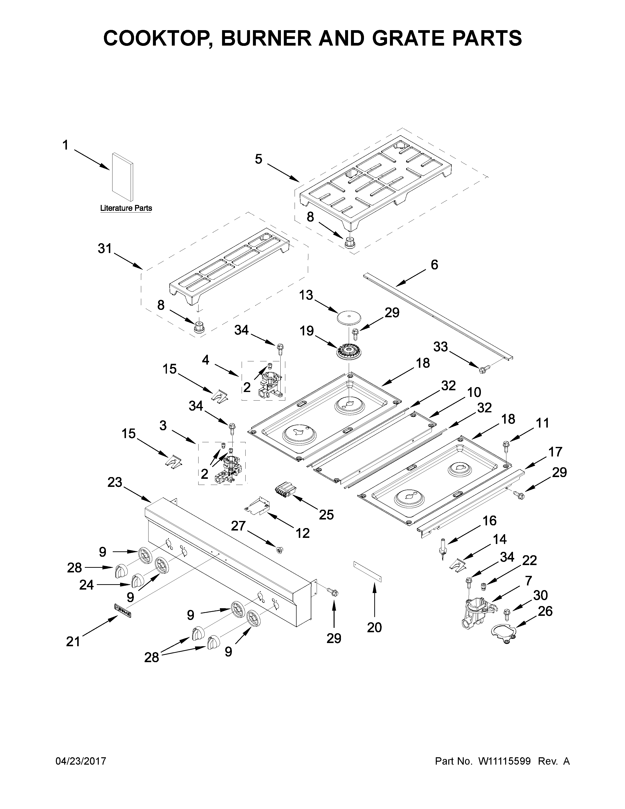 Cooktop, burner and grate parts