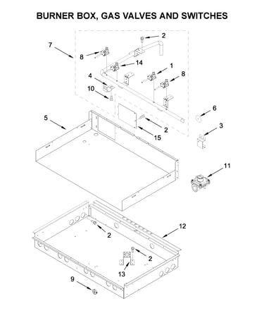 Burner box, gas valves and switches