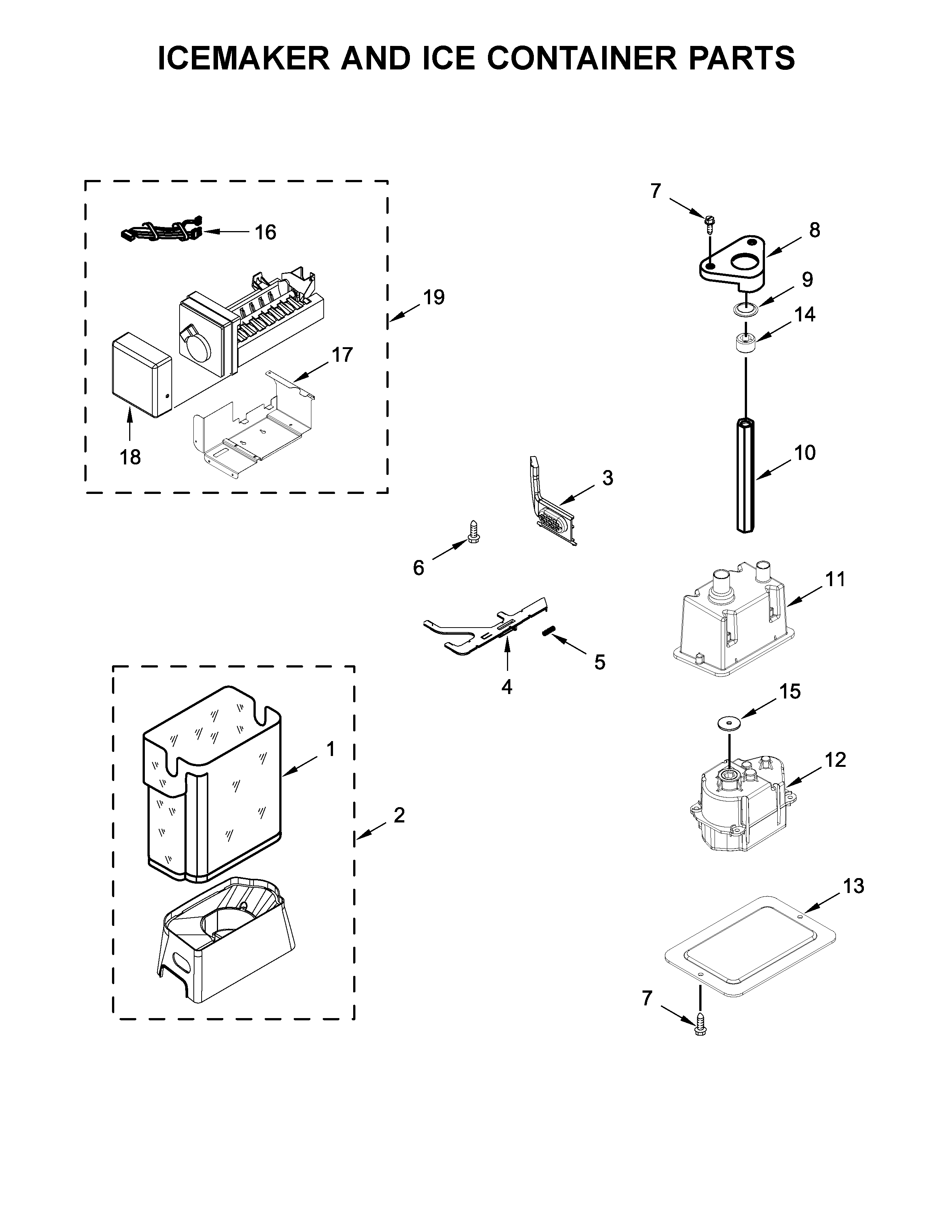 Icemaker and ice container parts