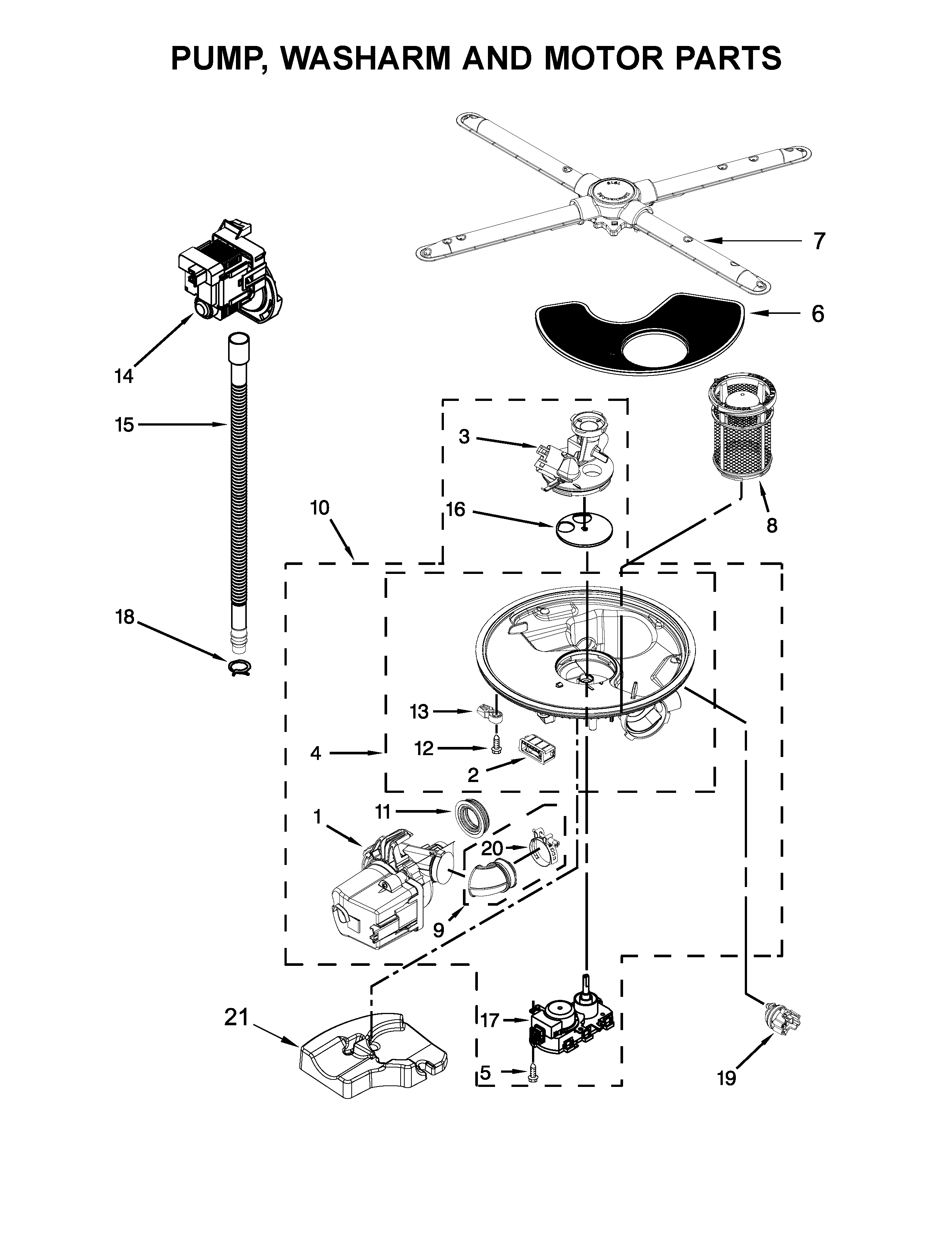 Pump, washarm and motor parts