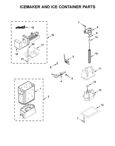 Icemaker and ice container parts