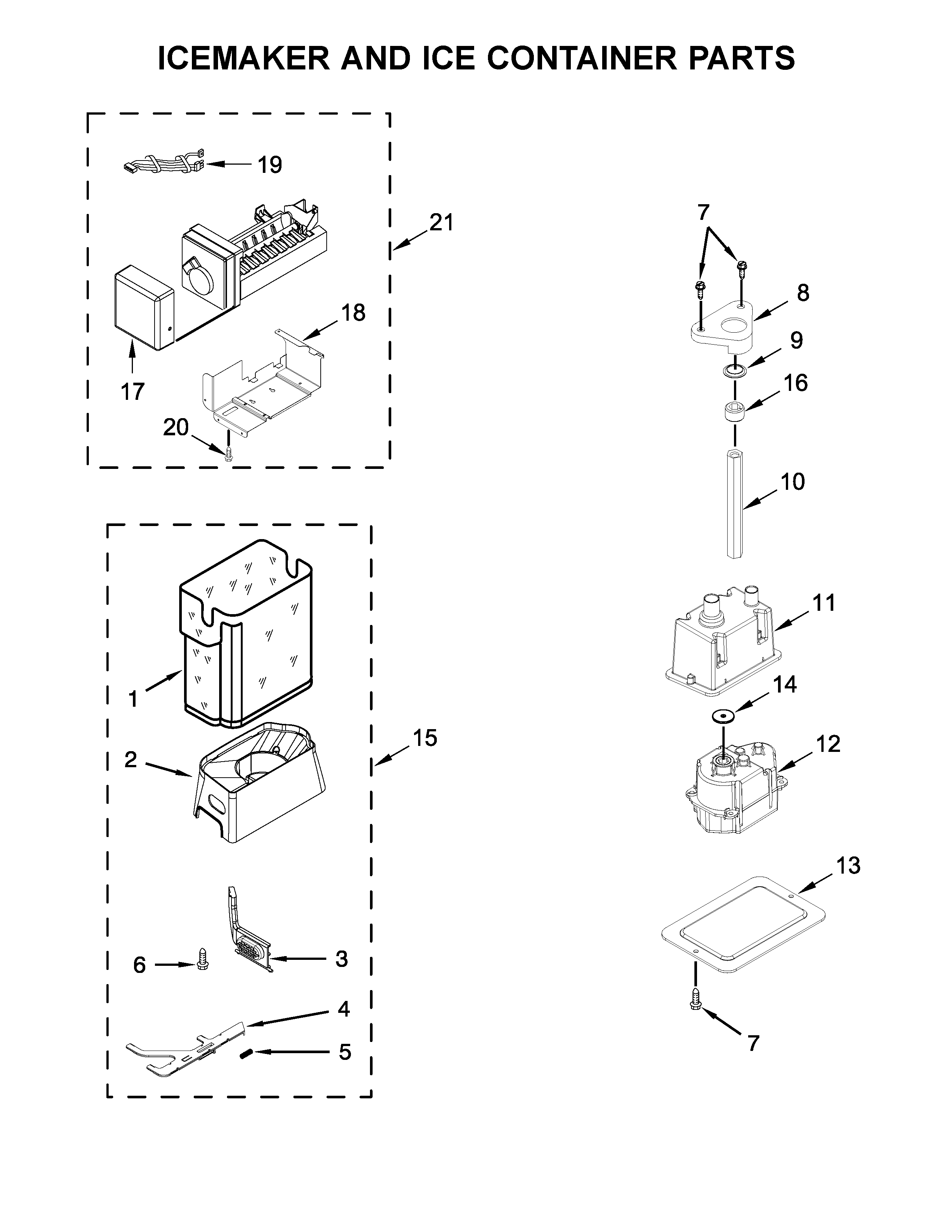 Icemaker and ice container parts